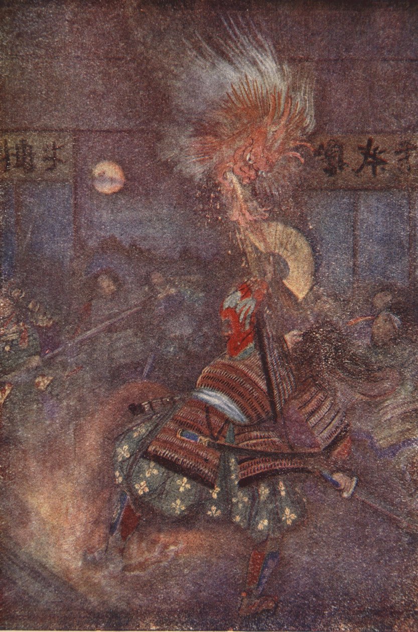 Raiko, Oyeyama'nın cinini öldürür, F. Hadland Davis'in 'Japonya'nın Efsaneleri ve Efsaneleri'nden bir çizim by Evelyn Paul