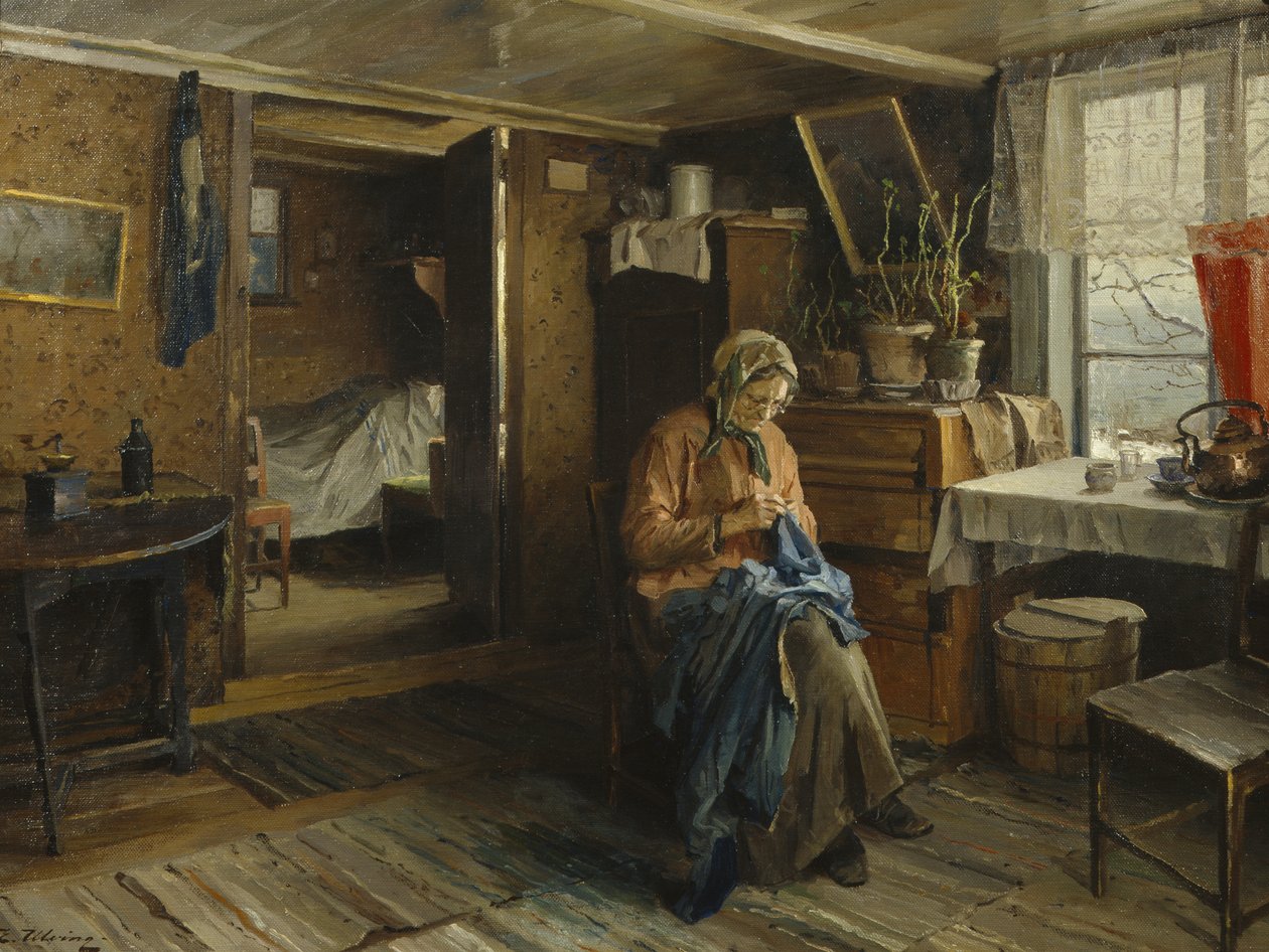 Farmer's Interior'daki Karısı (tuval üzerine yağlıboya) by Even Ulving
