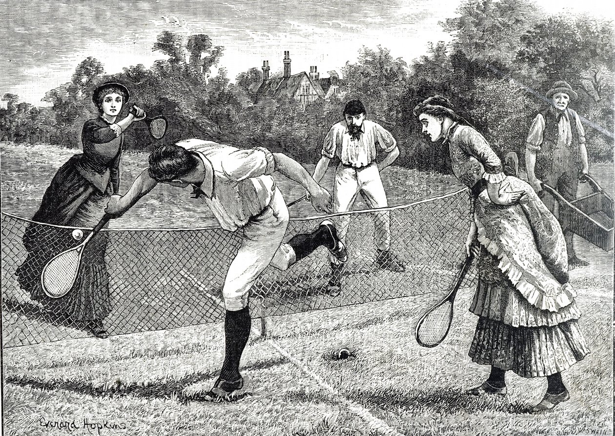 Dostane bir çiftler tenis maçını betimleyen gravür by Everard Hopkins