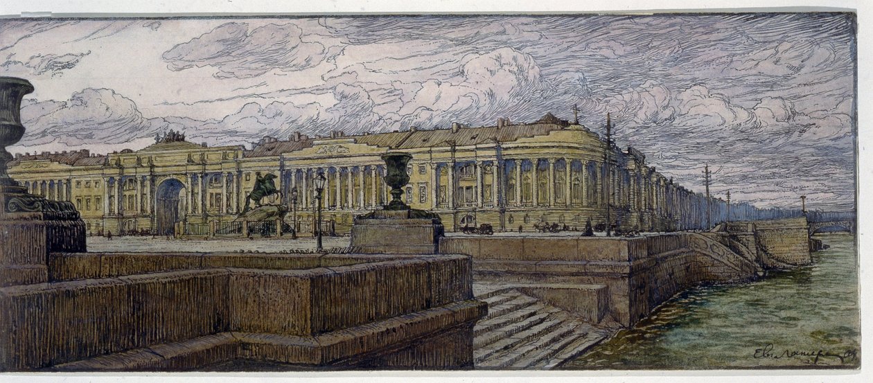 Saint Petersburg'daki Senato Yeri. Neva kıyısındaki binaların tanımı. Evgeny Evgenyevich Lanceray'in (Eugene Lansere) (1875-1946) eseri, litografi by Evgeni Evgenievitch Lanceray