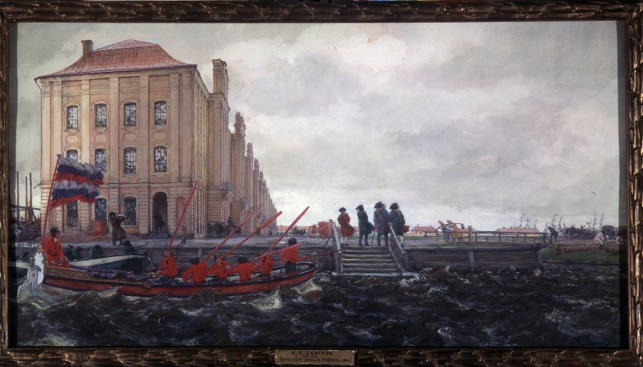 18. yüzyılın başında St.Petersburg. 12 kolej binası. (18. yüzyılın başında St Peterburg. On İki Collegia Binası). Üniversitenin önündeki Neva'da erkeklerin bir teknenin gelmesini beklediği bir iskelenin tanımı m by Evgeni Evgenievitch Lanceray