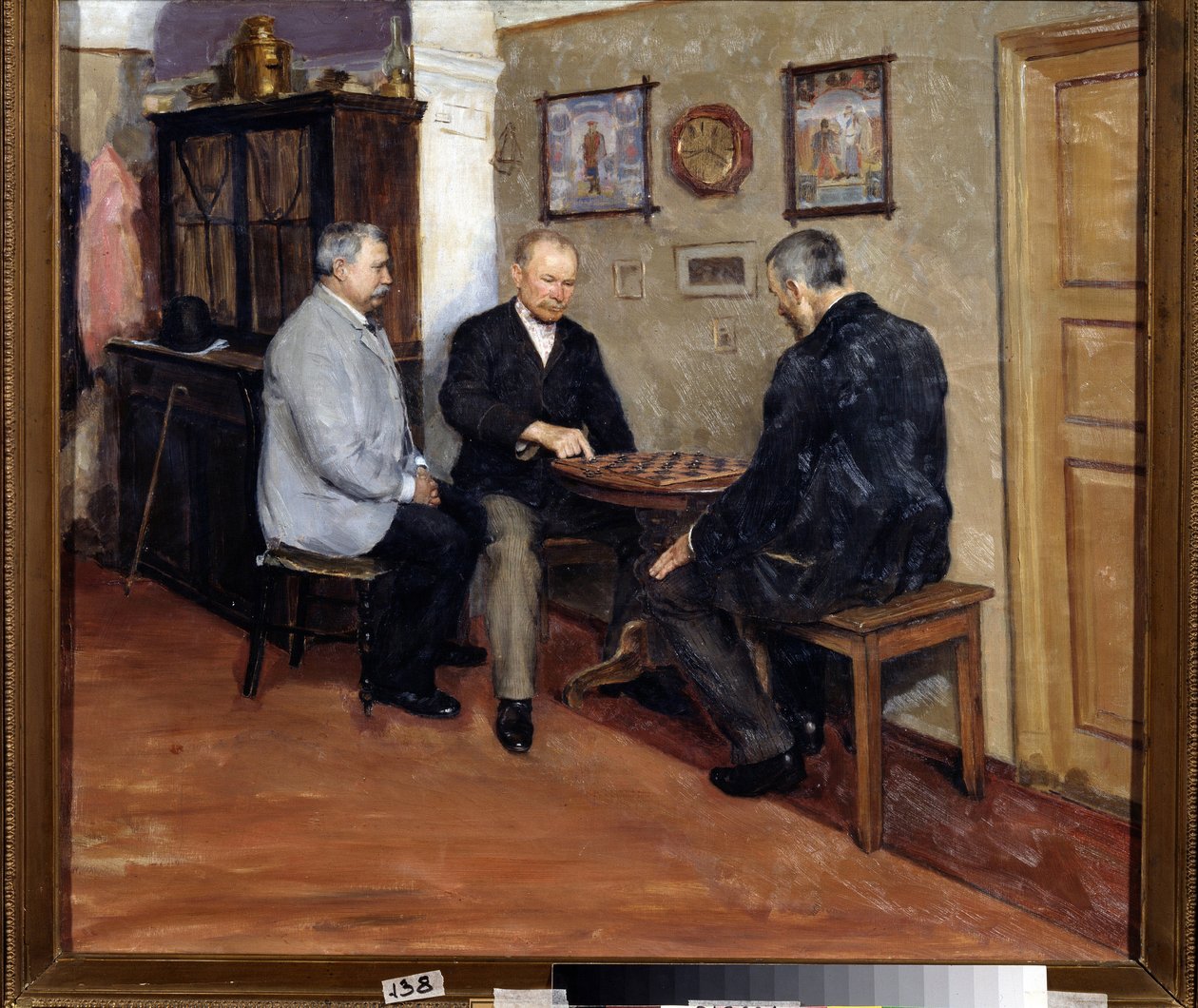 Draft oyuncuları. Evgeni Iosifovich Bukovetsky'nin tablosu (1866-1948). Tuval üzerine yağlı boya, 71 x 80 cm by Evgeniy Iosipovich Bukovetsky