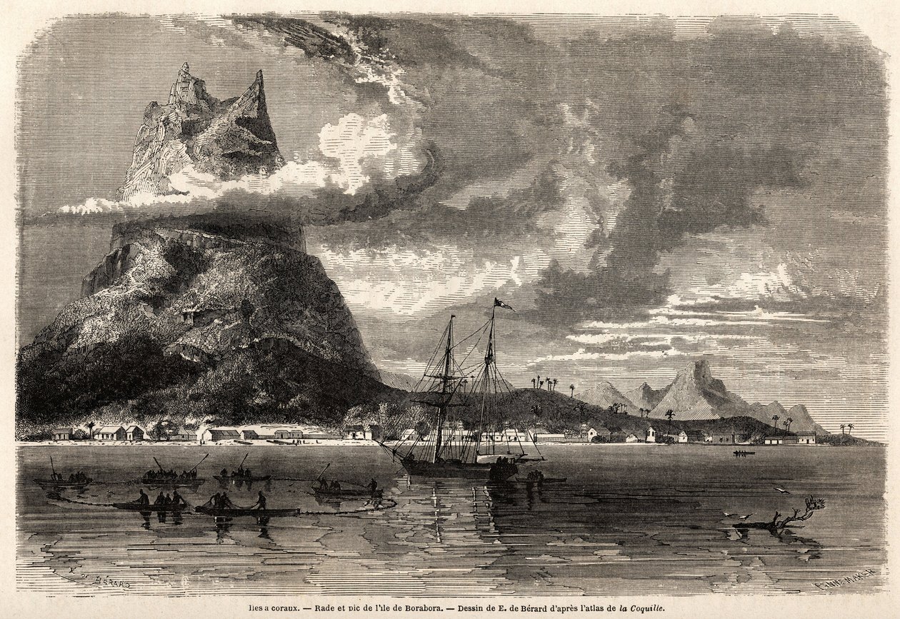 Borabora adasının Rade ve zirvesi, Evremond Auguste de Berard (1824-1881), bir doğa bilimcinin Galapagos takımadaları ve mercan adalarındaki yolculuğunu göstermek için 1858