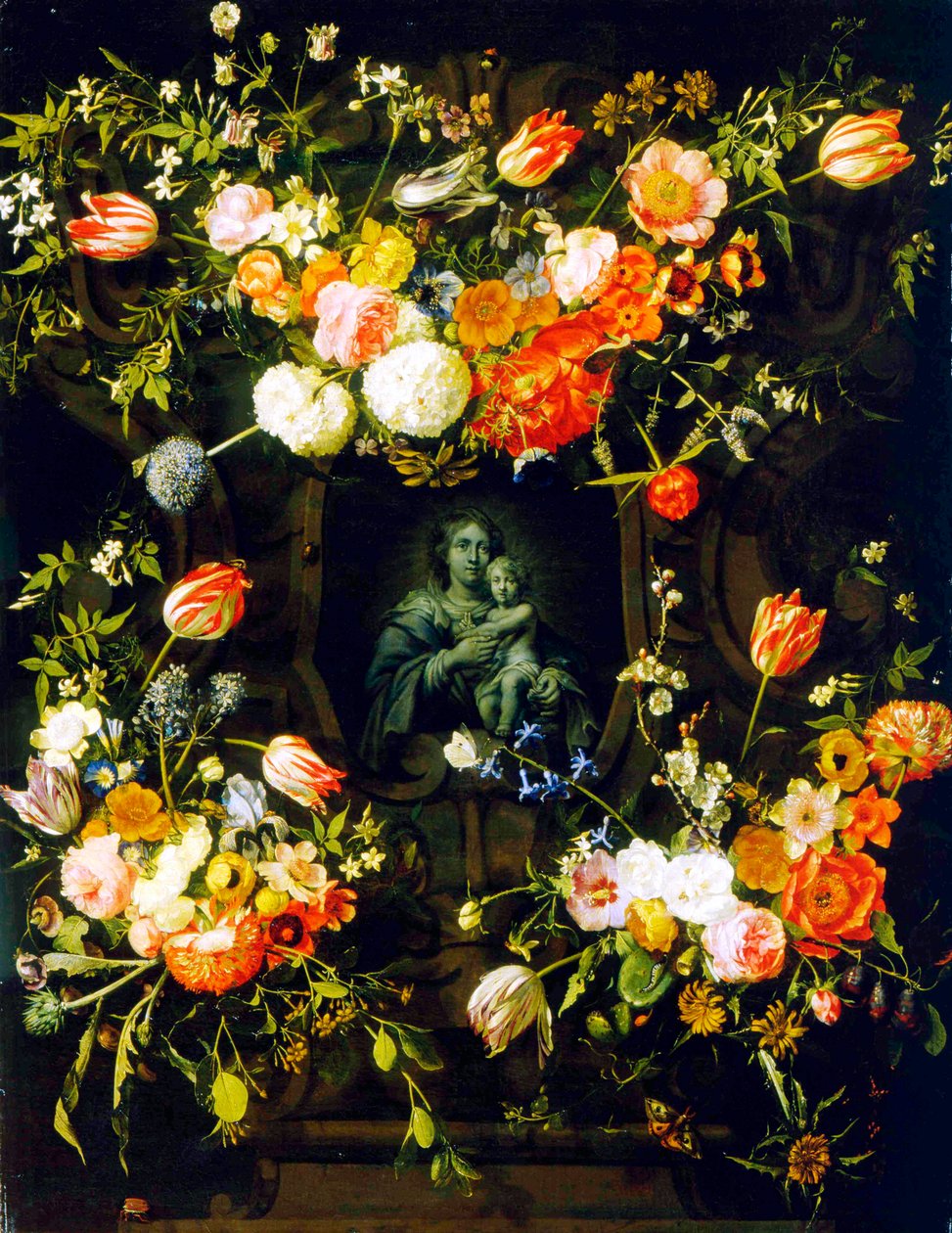 Çiçeklerle çevrili Madonna, 1662 by Eykens or Ijkens Ykens