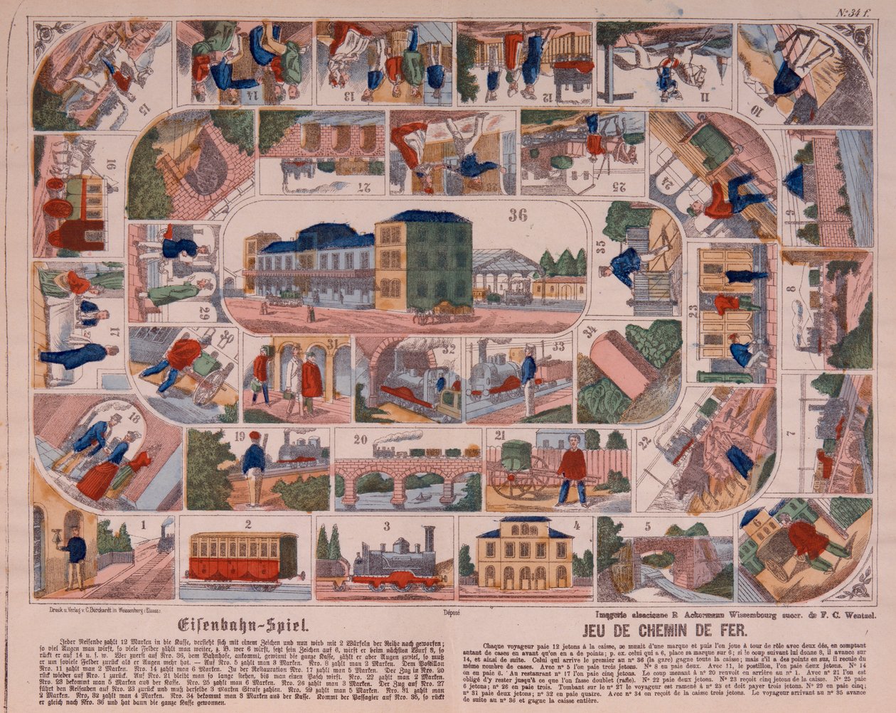 Buharlı tren oyunu, Ackermann, Wissembourg, c.1860 tarafından yayınlanan resimli geniş sayfa by F. C. Wentzel