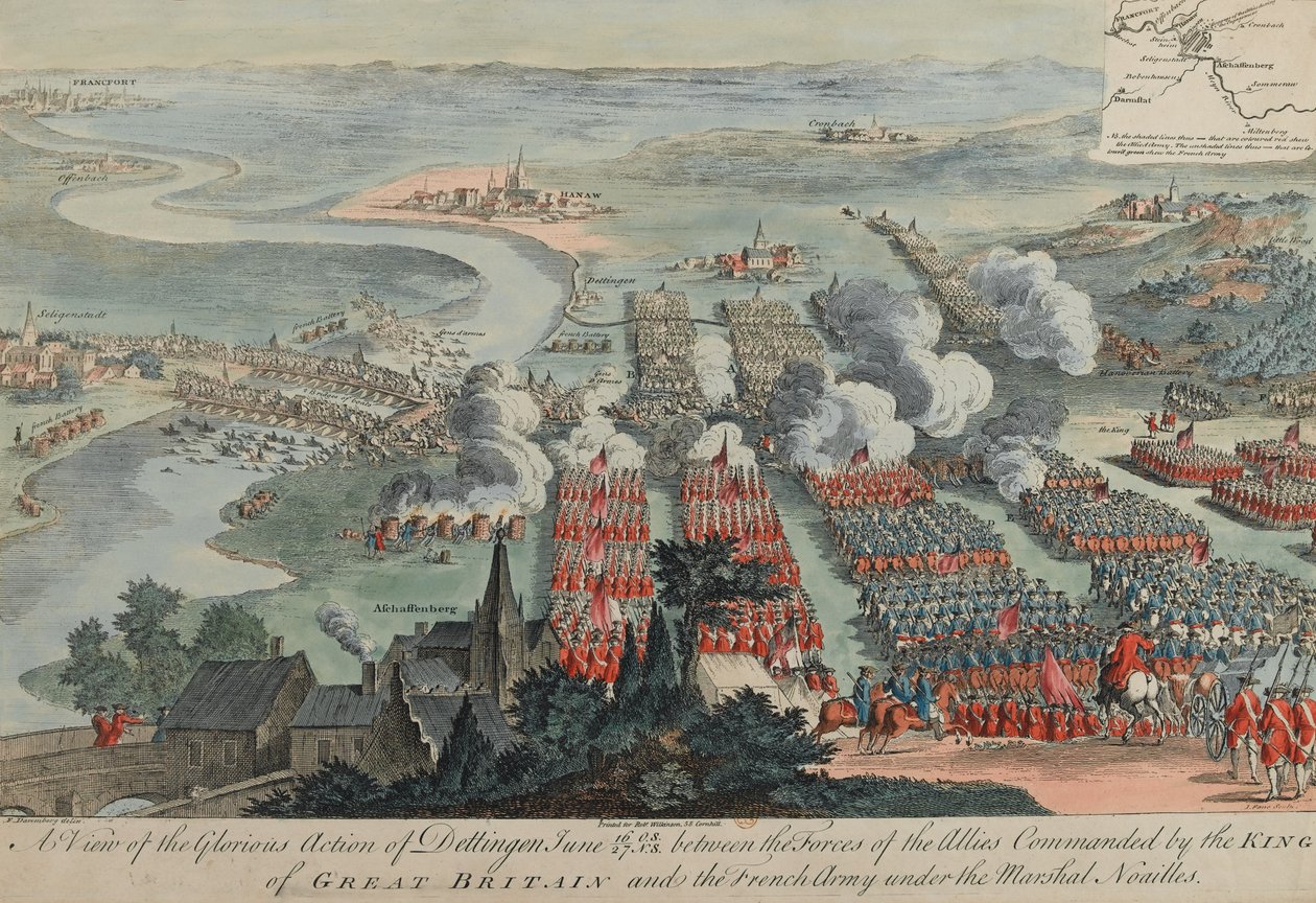 A View of the Glorious Action of Dettingen, 16-27 Haziran 1743, I. Pano tarafından oyulmuş, Robert Wilkinson tarafından yayınlanmıştır, Londra, 1743 by F. Daremberg