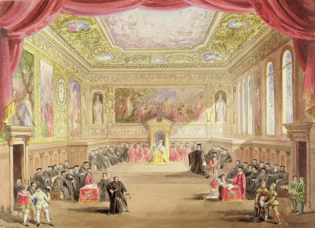 Dava, IV. Perde, Charles Kean'ın 'Venedik Taciri' prodüksiyonundan Sahne I, Princess Theatre, Londra, 12 Haziran 1858 (kağıt üzerine suluboya) by F. Lloyds