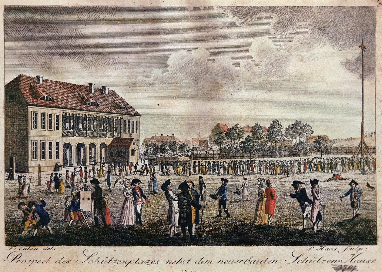 Yeni inşa edilen kulüp binası ve meydanın görünümü, Berlin (el renkli gravür) by F.A. Calau