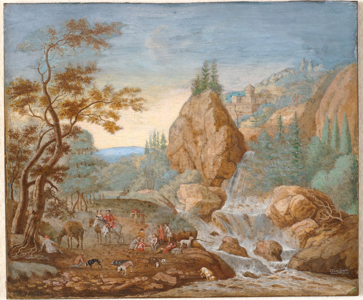 Ön Planda Bir Av Partisi Olan Dağ Manzarası by F.C. van Bracht