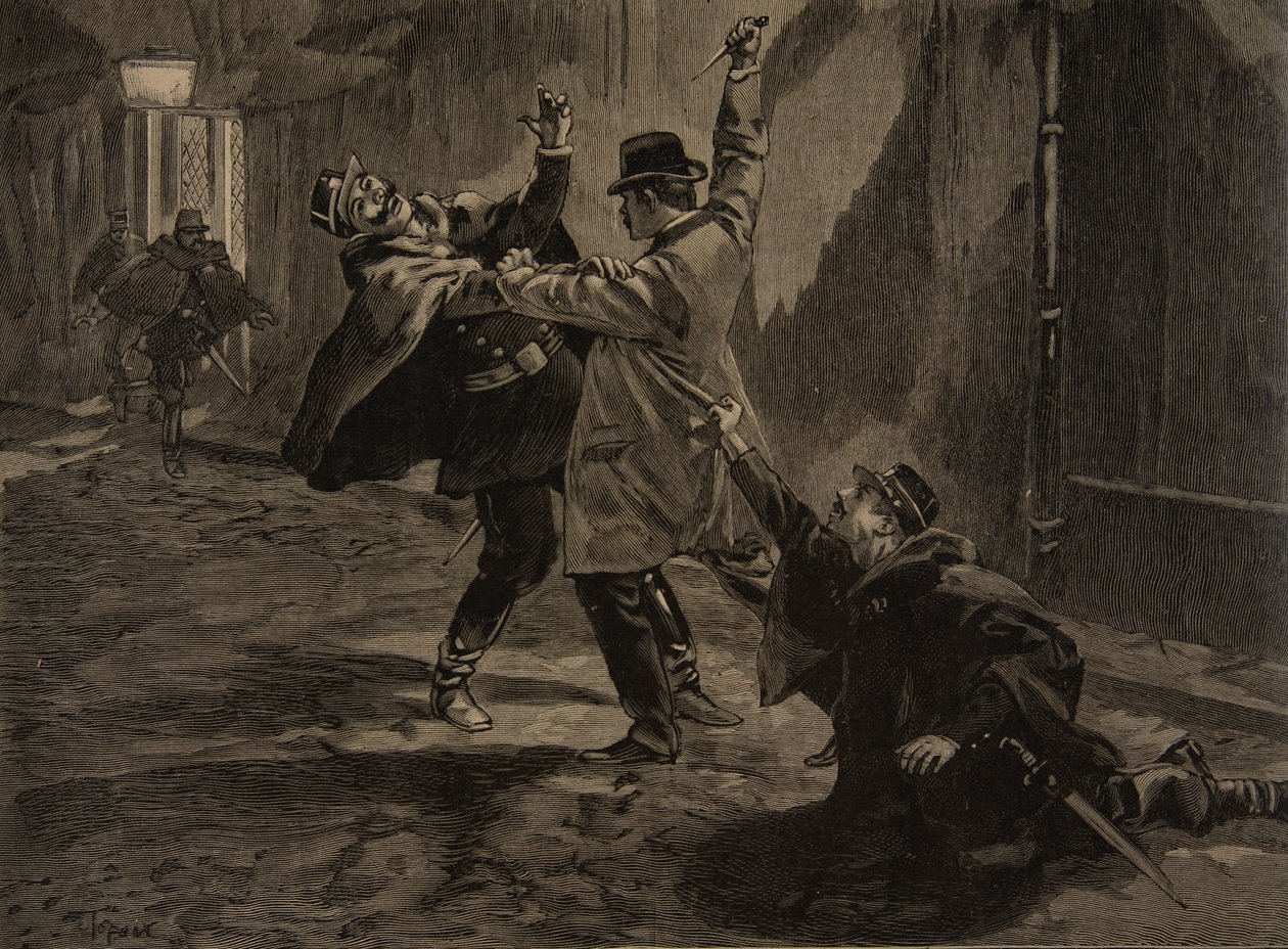 Etievant, Anarşist bıçaklamayı işliyor, 'Le Petit Journal: Supplement illustre'den çizim, 30 Ocak 1898 by F.L. and Tofani, Oswaldo Meaulle