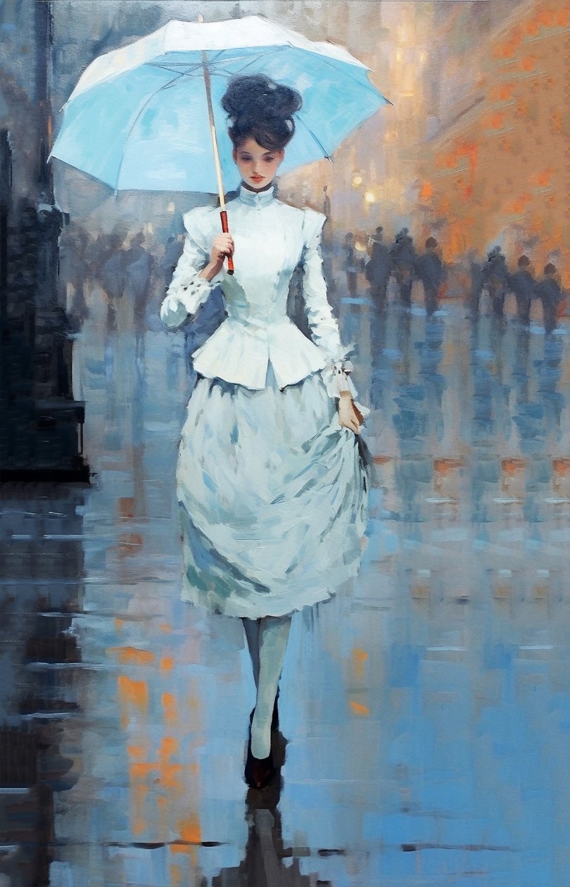 Genç bir kadın modacı sokakta elinde şemsiyeyle duruyor, sanat baskıları yapıyor by F. Abderrahim