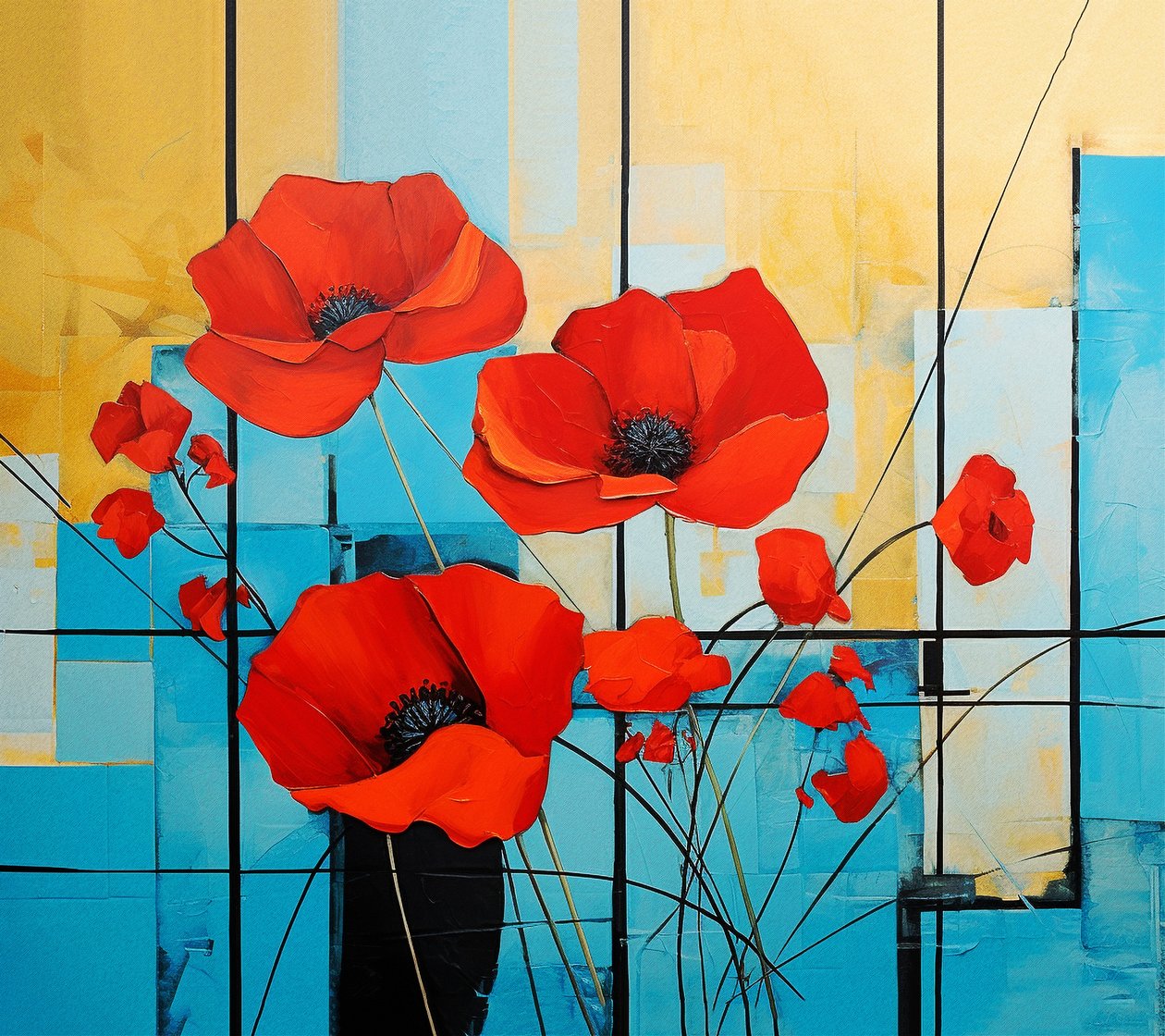 Soyut Mondrian, gelincik çiçeği resmi, Duvar Sanatı | Kanvas Tablolar by F. Abderrahim