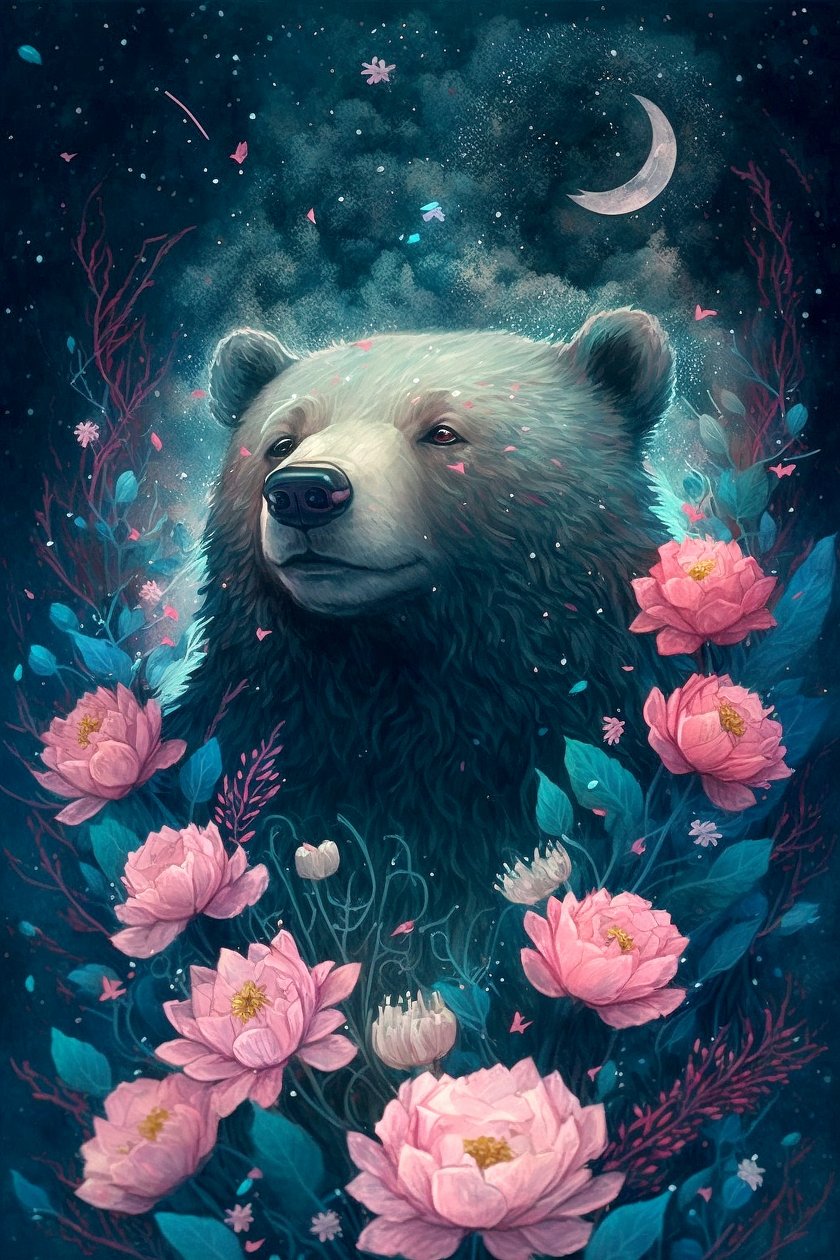 Çiçeklerle çevrili fantastik bir rüya sahnesinde ayı, çerçeveli poster baskıları by F. Abderrahim