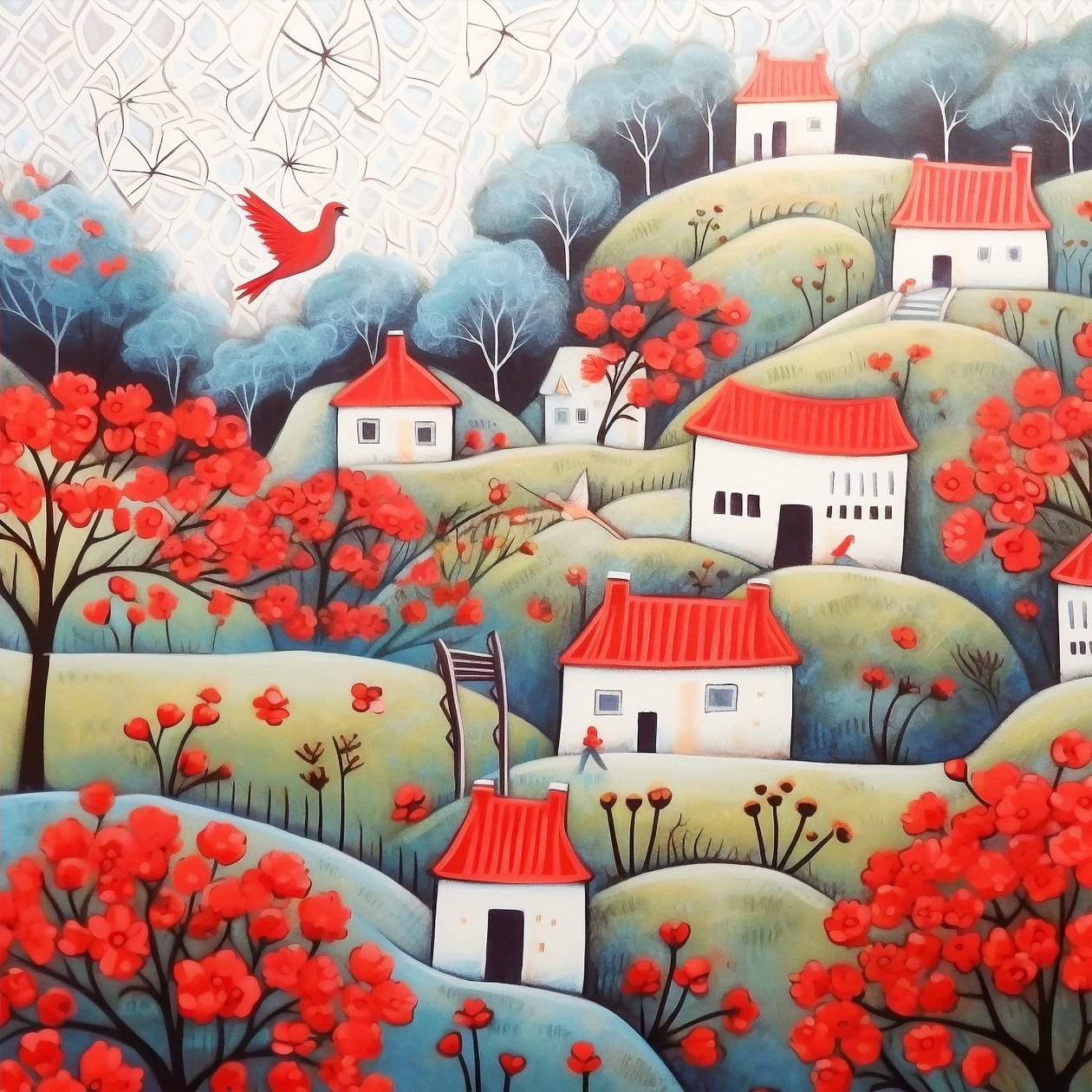 Kırmızı ve mor bir manzaradaki güzel evler, gerçeküstü bir tablo, kanvas baskılar by F. Abderrahim