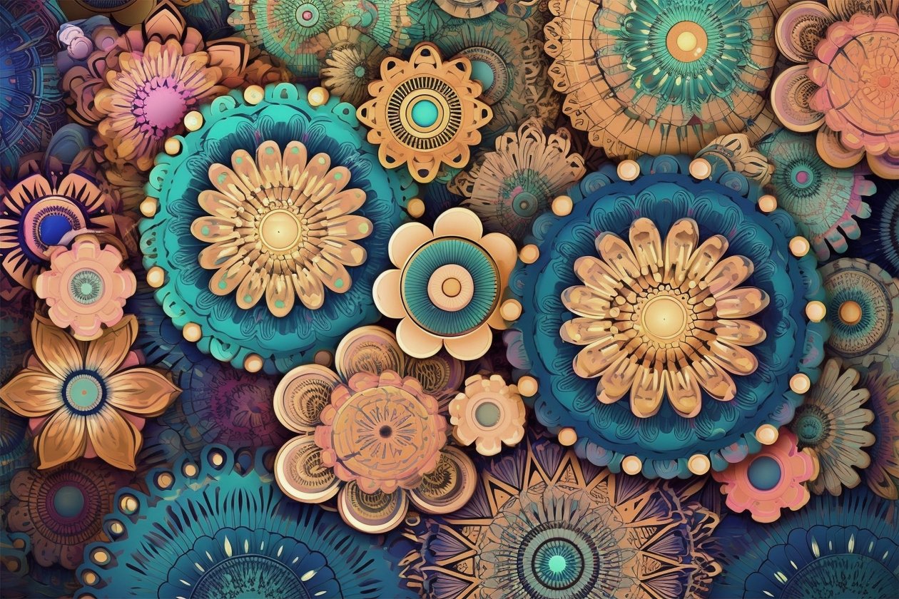 Renkli mandala çiçeği, canlı güzellikte bir bahçe, duvar sanatı baskıları by F. Abderrahim