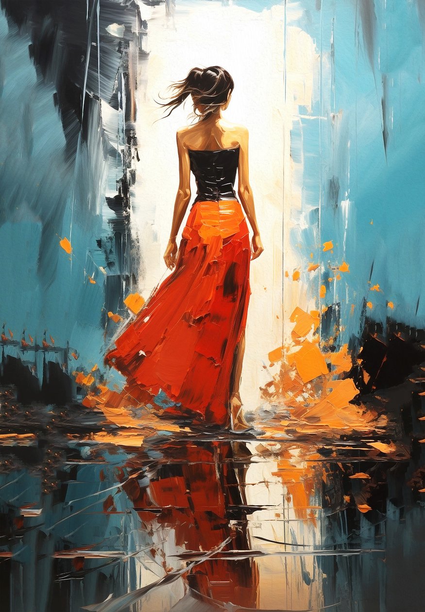 Soyut bir Manzarada Moda Kadını Parlak renklerde, duvar sanatı baskıları by F. Abderrahim
