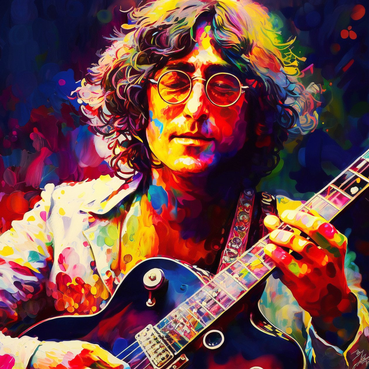 John Lennon portre müzisyeni gitar çalıyor, 70#39;lerin müzik duvar sanatı baskıları by F. Abderrahim