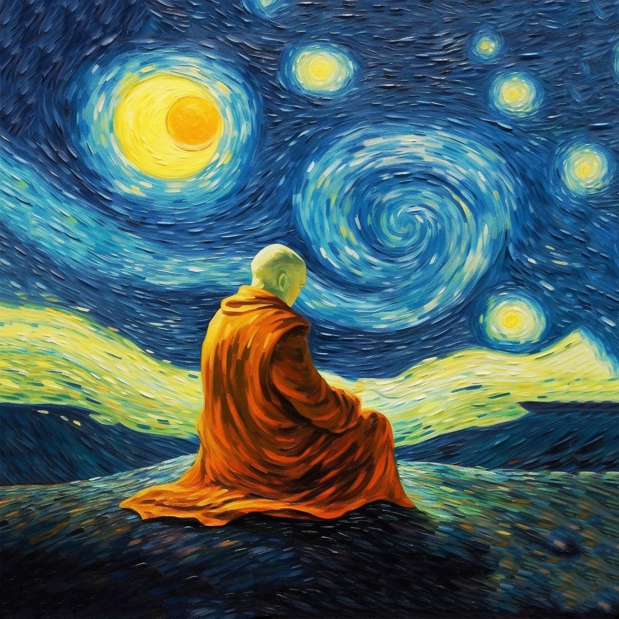 Meditasyon yapan adam, Van Gogh resim stili, yoga pozu baskıları, duvar sanatı baskıları by F. Abderrahim