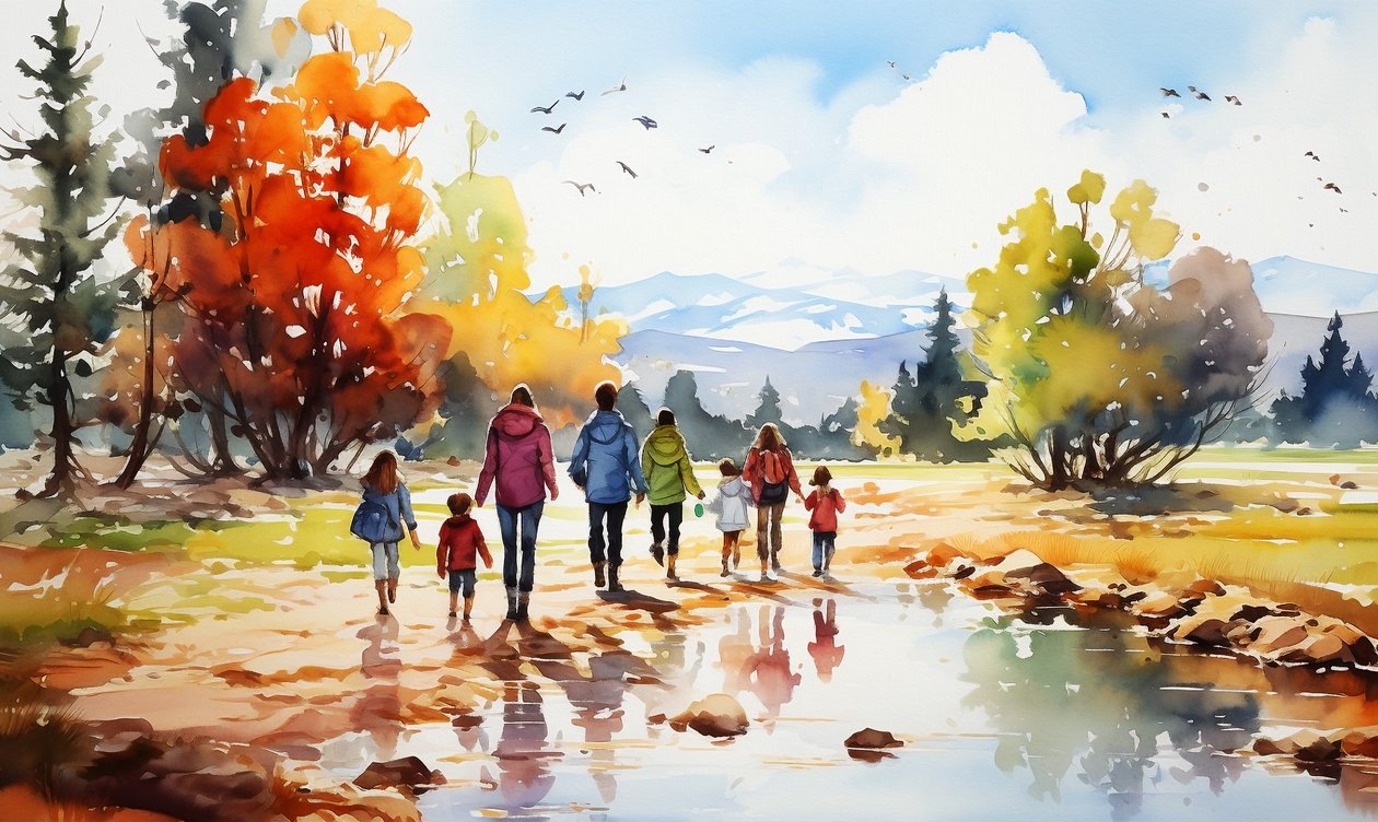 Doğa yürüyüşçüleri, dağ manzaraları, ağaçlar ve su, satılık duvar sanatı baskıları by F. Abderrahim