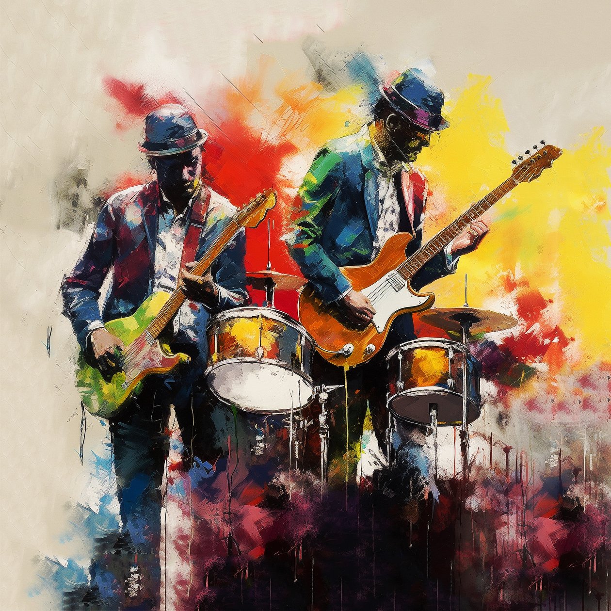 Rock ve caz Müzisyen Grubu gitar çalıyor, fırça boyama, duvar sanatı baskıları by F. Abderrahim