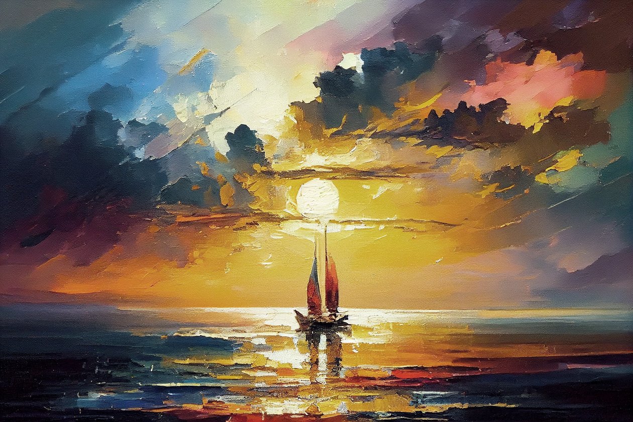 Yelkenli Tekne Deniz Manzarası, Tuval Üzerine Turuncu Gün Batımı, duvar dekor fikirleri, sanat baskıları by F. Abderrahim