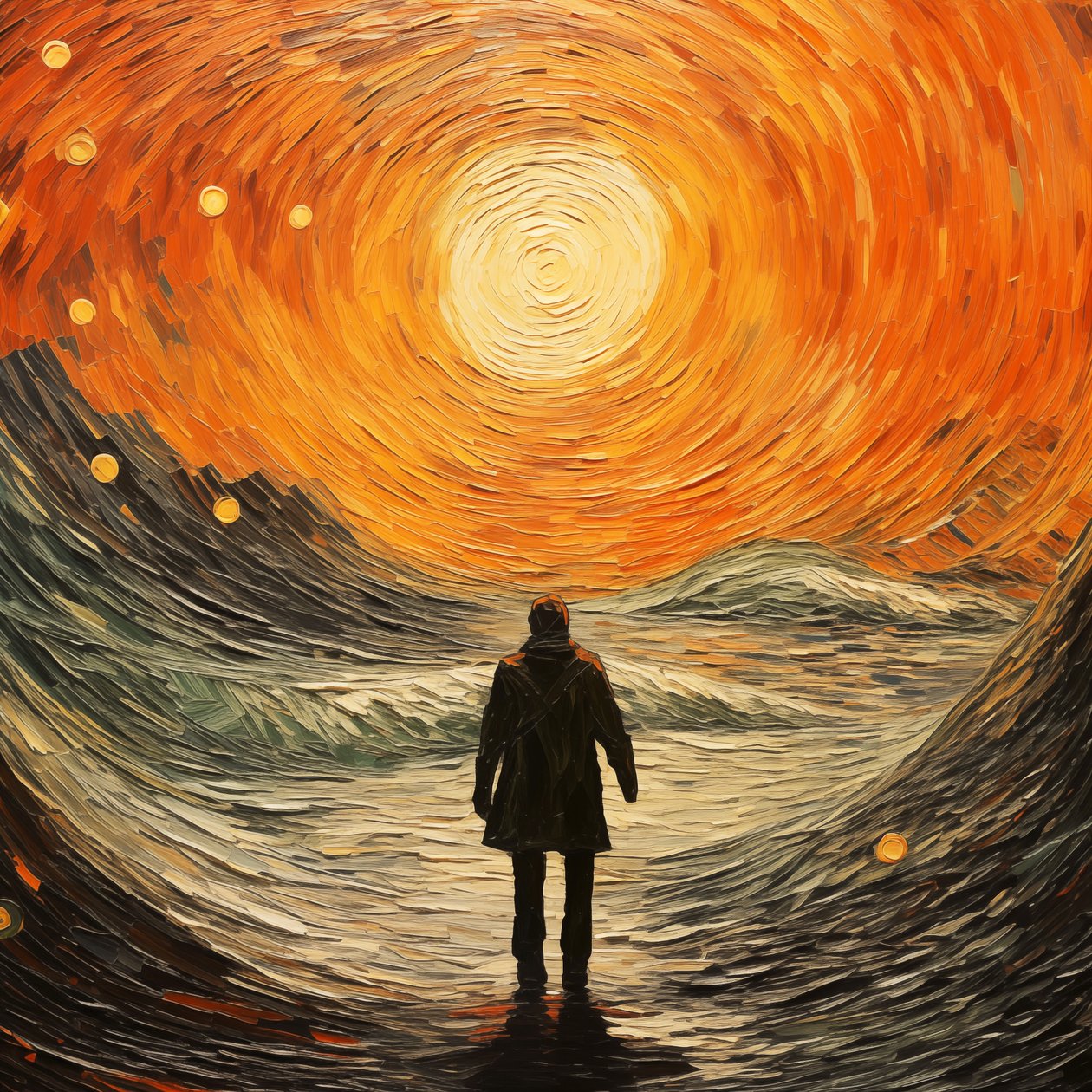 Gerçeküstü sahne, deniz dalgalarında bir adam, Vincent van Gogh empresyonist tarzı by F. Abderrahim