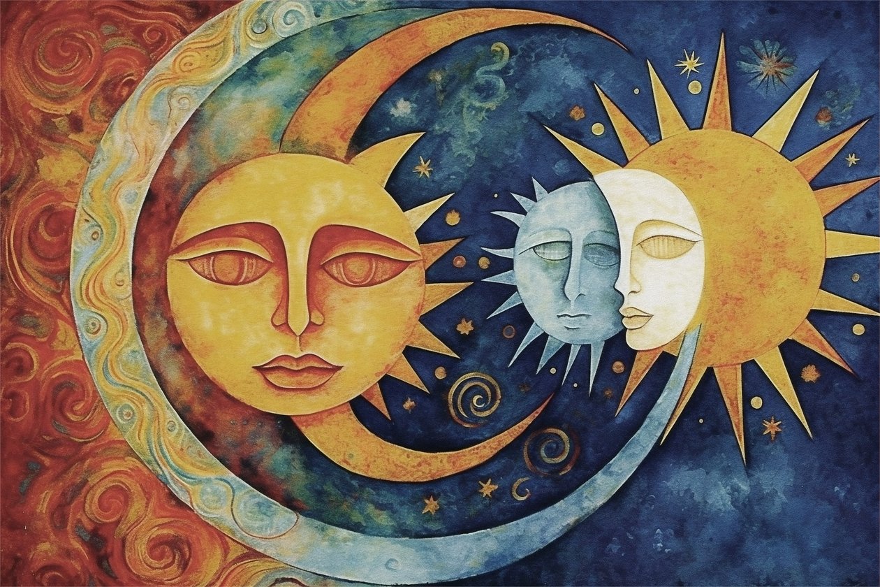 güneş ve ay yüzleri, soyut resim, çerçeveli posterler, duvar sanatı baskıları by F. Abderrahim