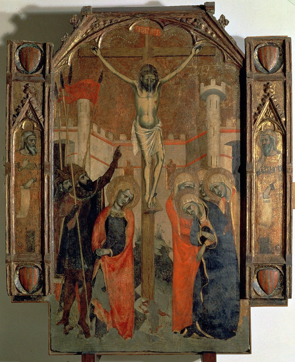 1358'de tamamlanan Almudaina'nın büyük sunağının orta panelinin üst kısmı olan Çarmıha Germe (panelde tempera) by F. Bassa and R. Destorrents