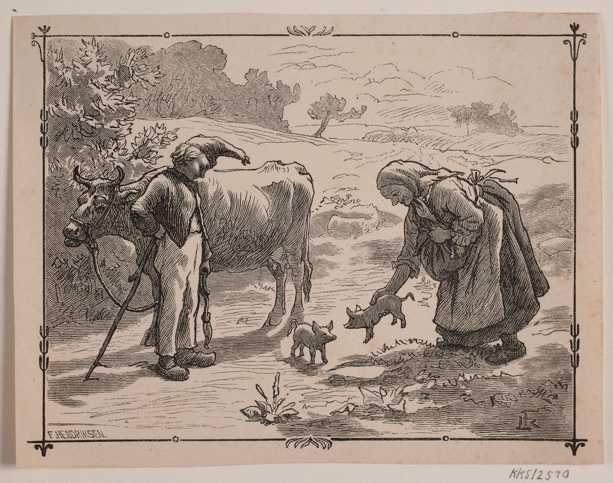 "Üç Küçük Kırmızı Domuz" halk masalı için illüstrasyon by F. Hendriksen