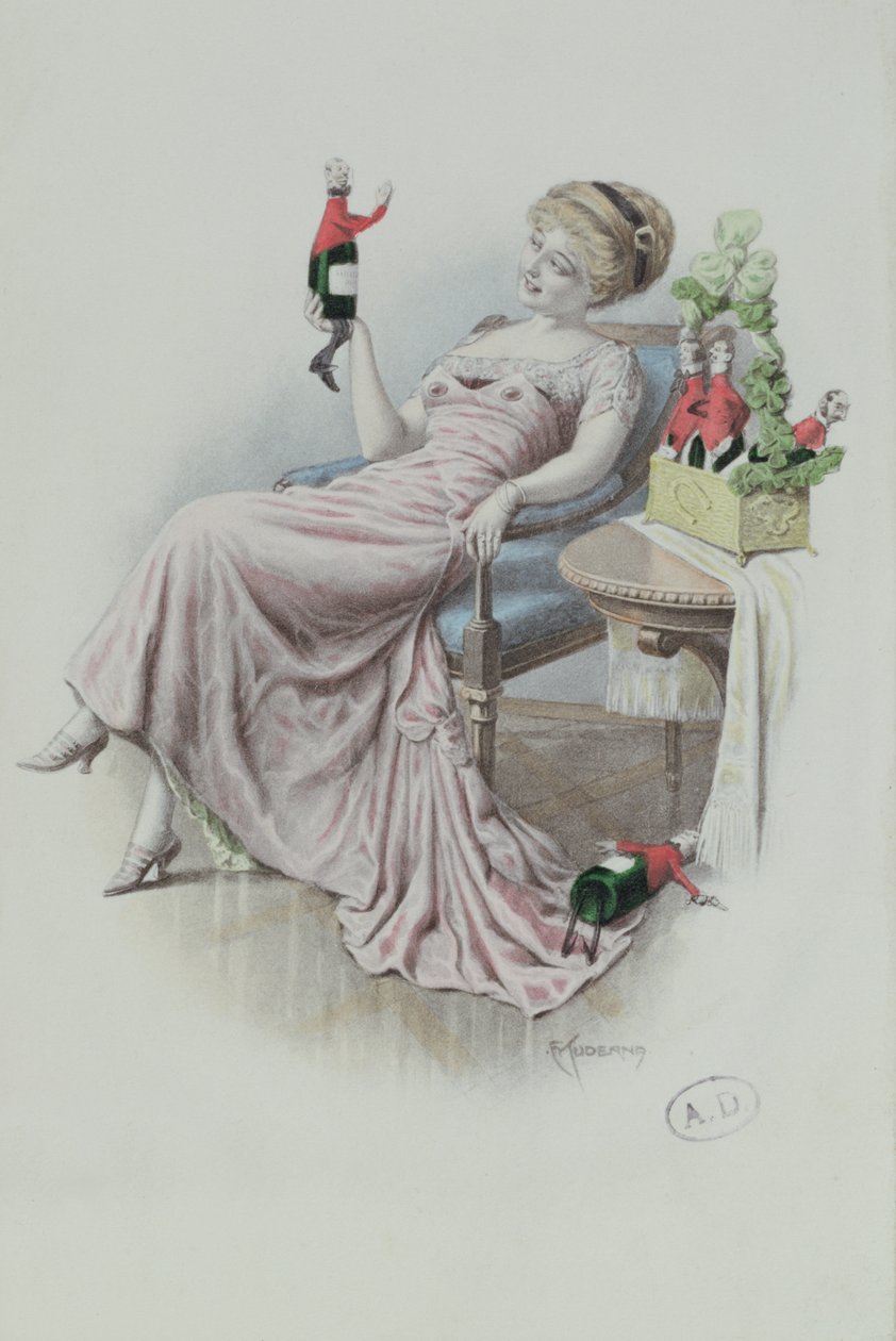 Elinde erkek şeklinde şampanya şişeleri olan bir kadını gösteren kartpostal, 1900 dolayları (renkli taş) by F. Kuderna