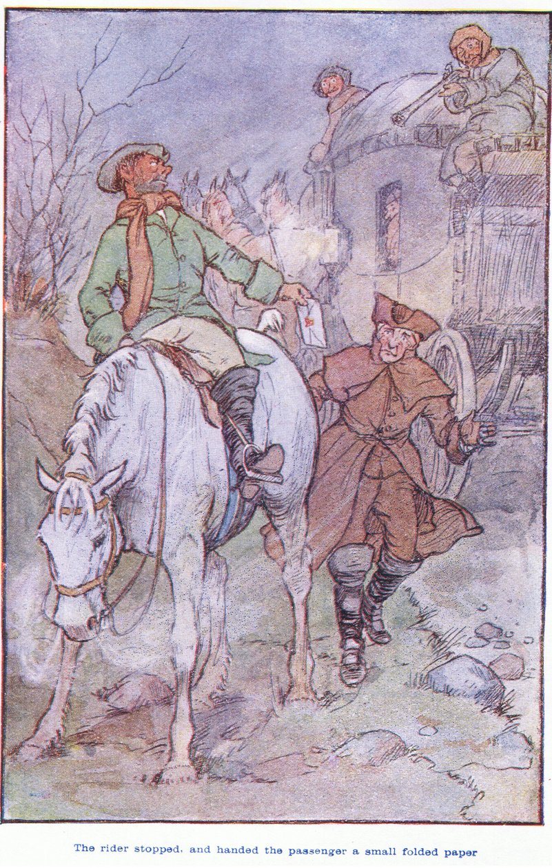 Süvari durdu ve yolcuya katlanmış küçük bir kağıt verdi. by F. M. B. Blaikie