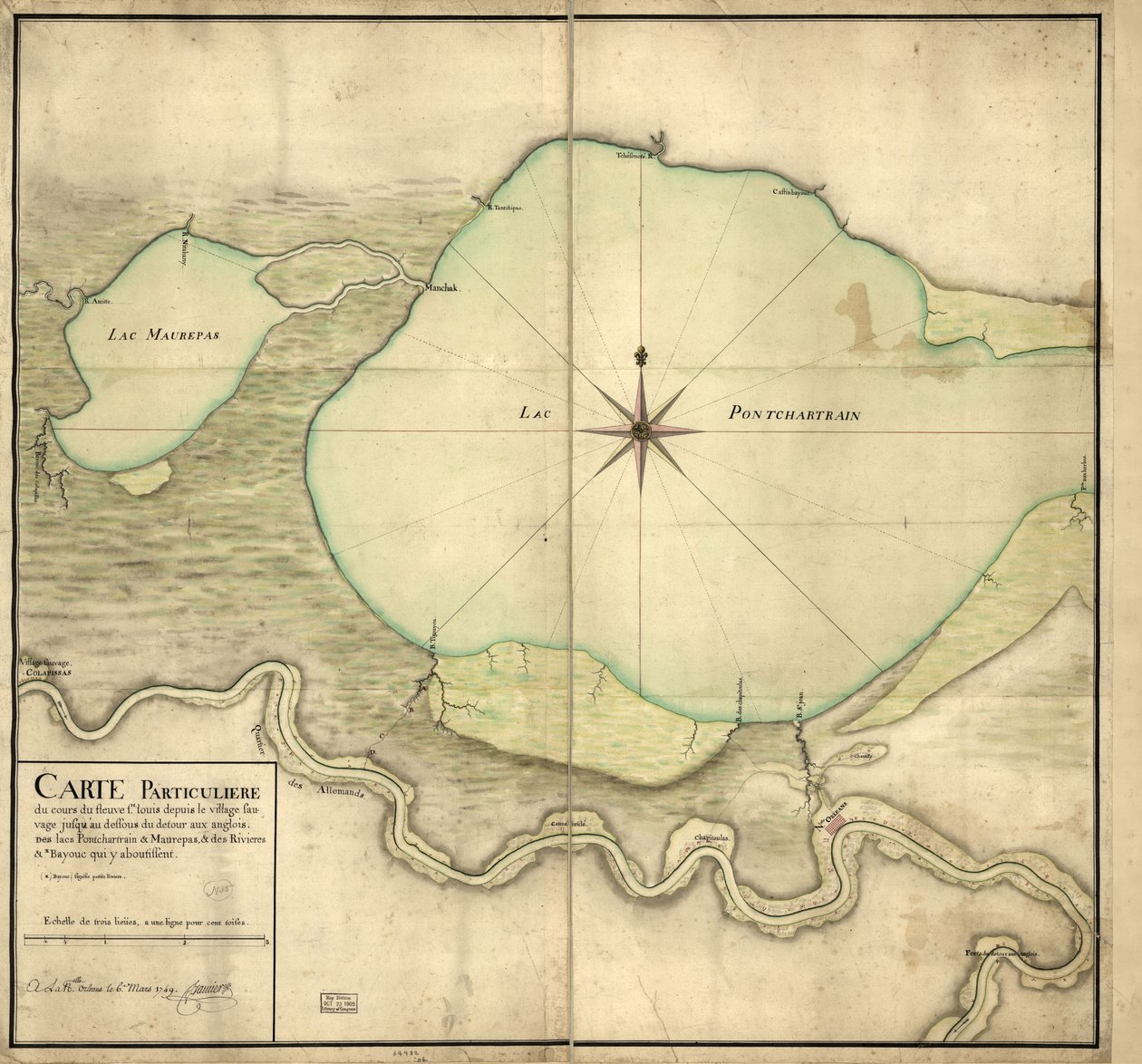Vahşi köyden Detour aux Angloix'in aşağısına kadar St. Louis nehrinin akışının, Pontchartrain ve Maurepas göllerinin ve burada biten nehirlerin ve bayouc'un özel haritası by F. Saucier