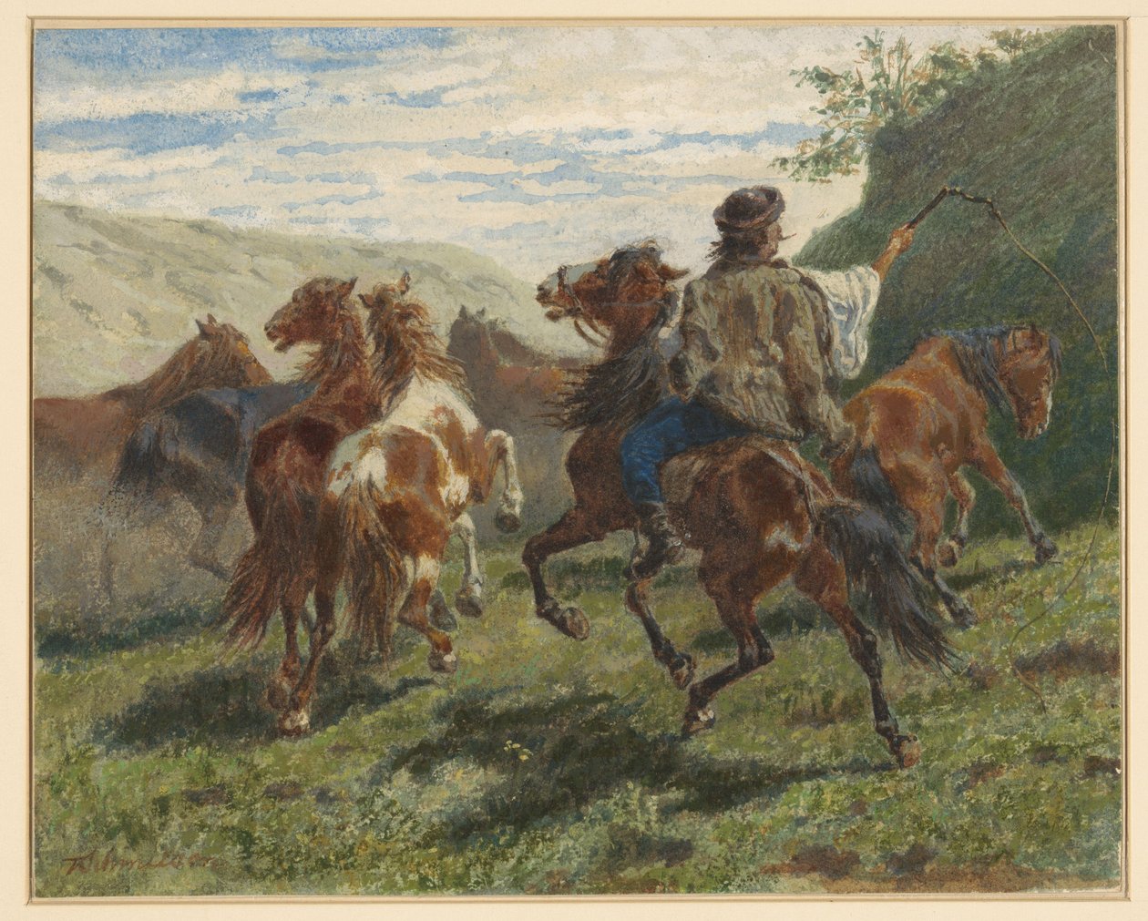 Macar binici arka planda bazı atları sürüyor by F. Smithson