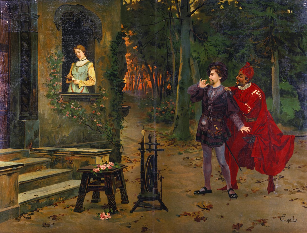 Marguerite ile görüşme. Mefisto (Mefistofeles). Charles Gounod (1818 - 1893) Operası, “Faust” resmi. F. Cipolla