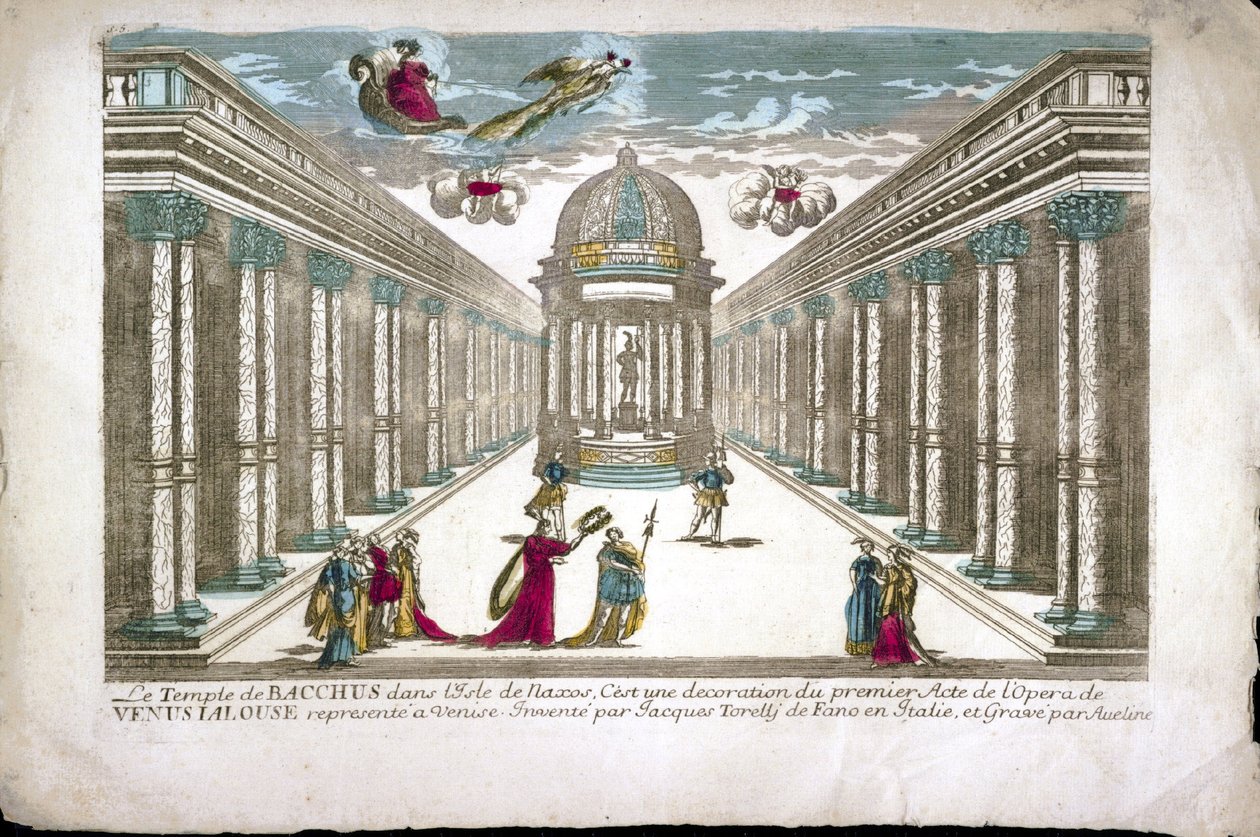 Francesco Sacrati'nin “La venere gelosa” (Venüs kıskanç) operasının I. perdesi için Bacchus Tapınağı İllüstrasyon. Dekor Jacopo Torelli by Family Aveline