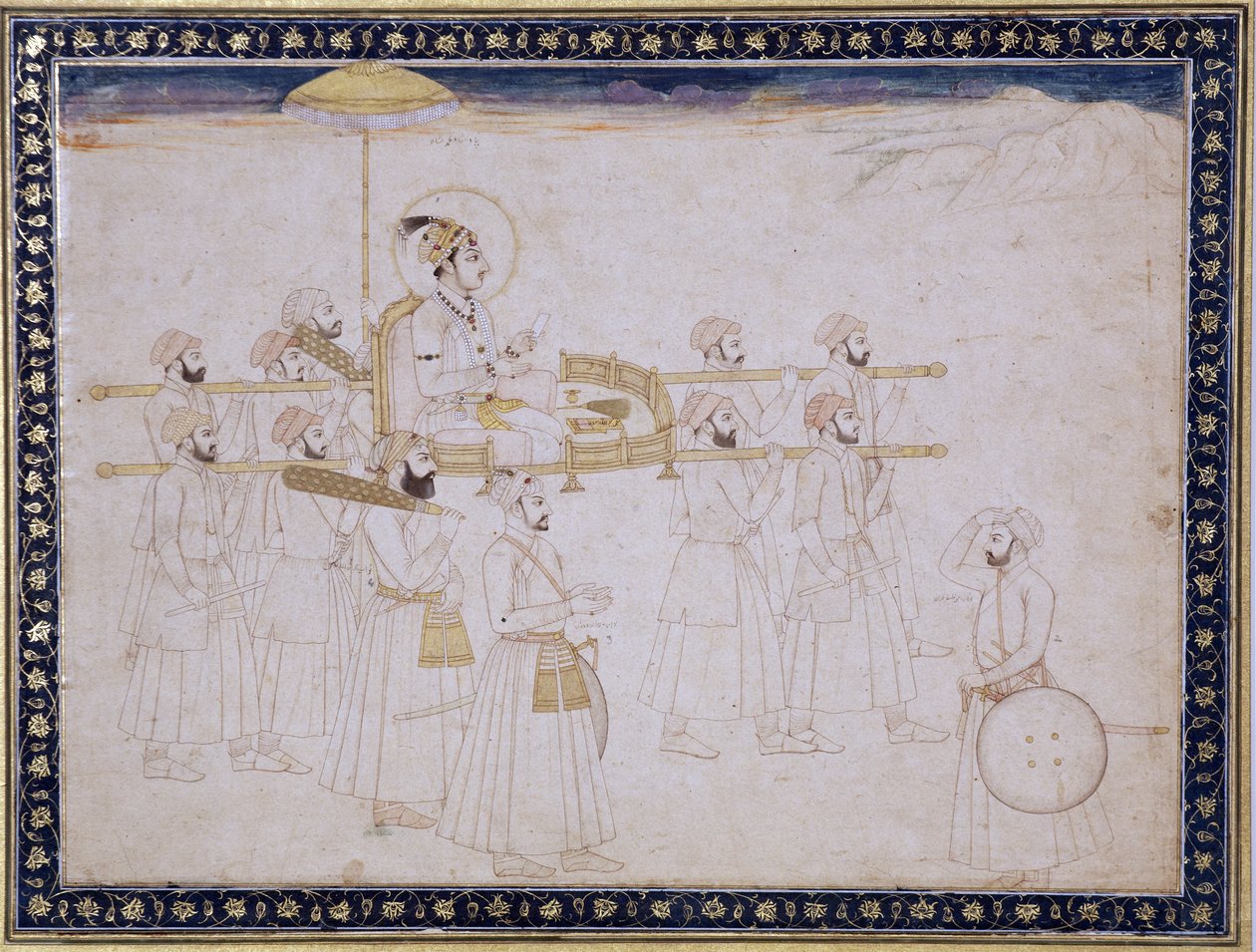 Muhammed Şah tahtırevanda taşınan, c.1735 (kağıt üzerinde opak wc ve altın) by Faqir ullah