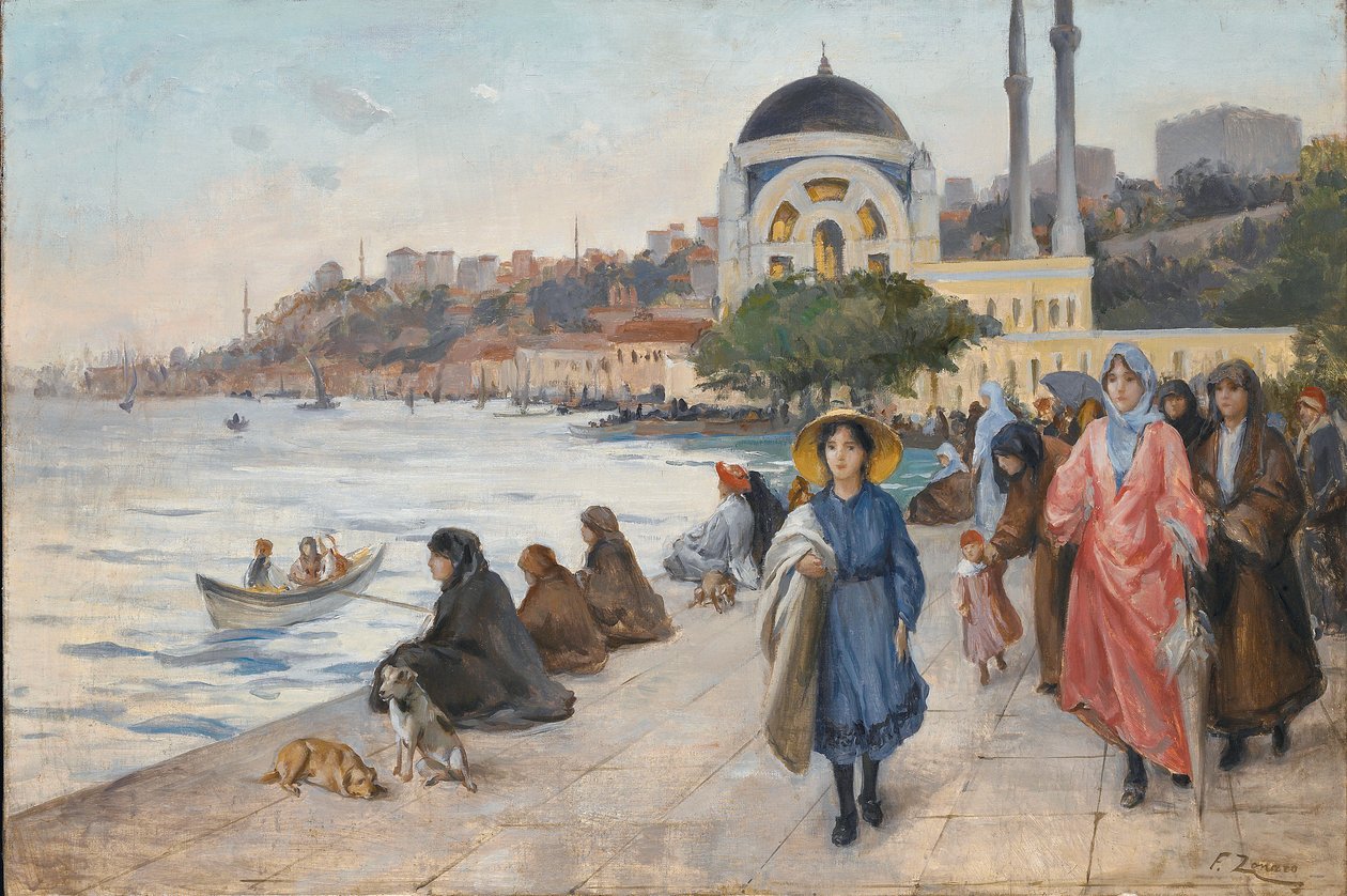 Boğaz kıyısında Mafalda, Arka planda Dolmabahçe Camii (tuval üzerine yağlı boya) by Fausto Zonaro