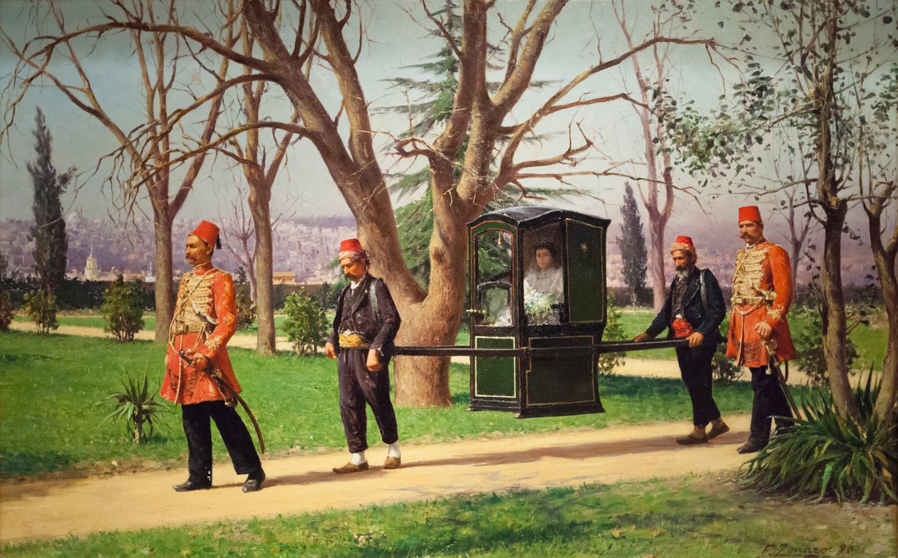 İngiliz büyükelçisinin kızı bir tahtırevana biniyor by Fausto Zonaro