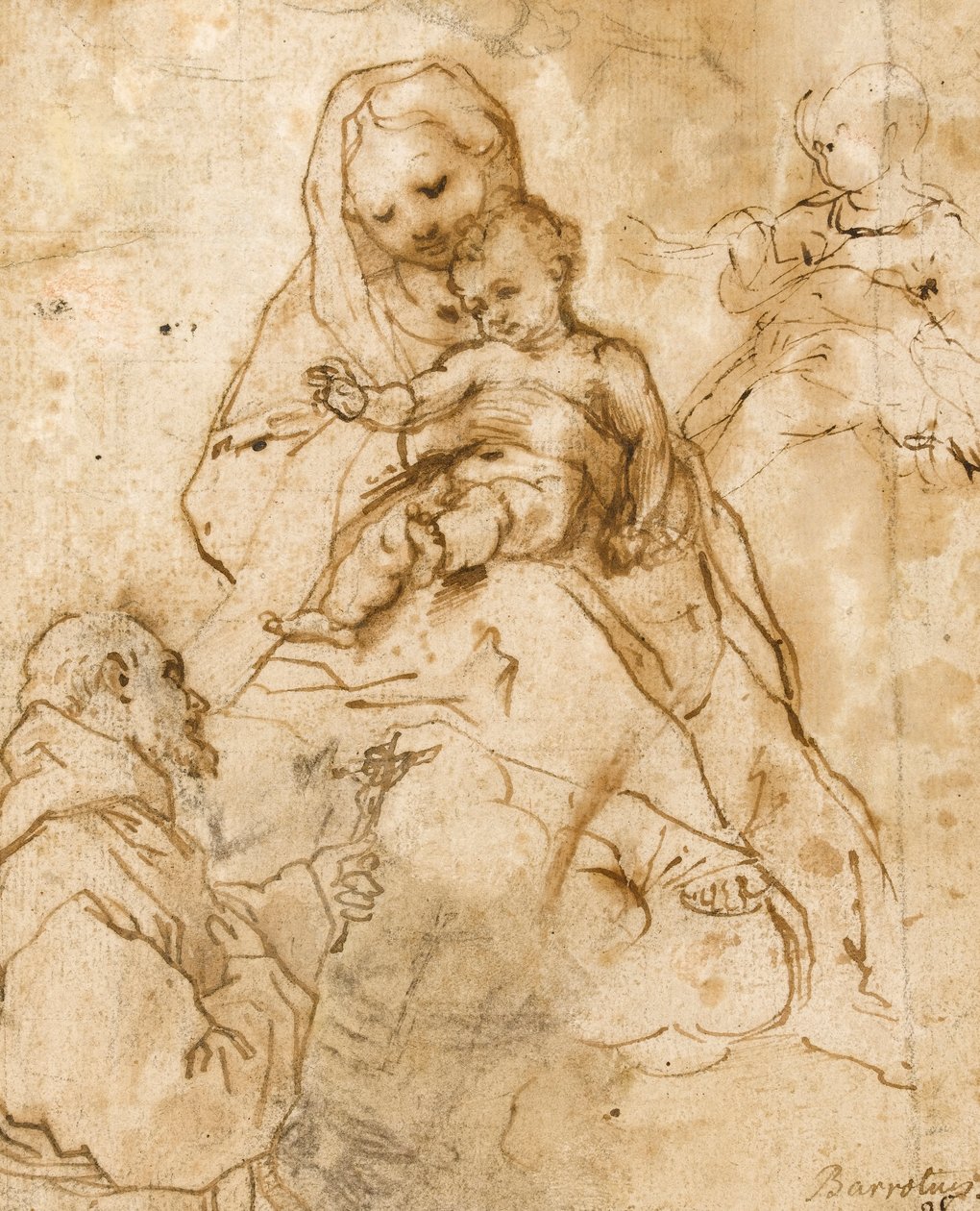 Aziz Francis ile Bakire ve Çocuk (kağıt üzerinde kalem ve mürekkep ile kırmızı tebeşir) by Federico Barocci