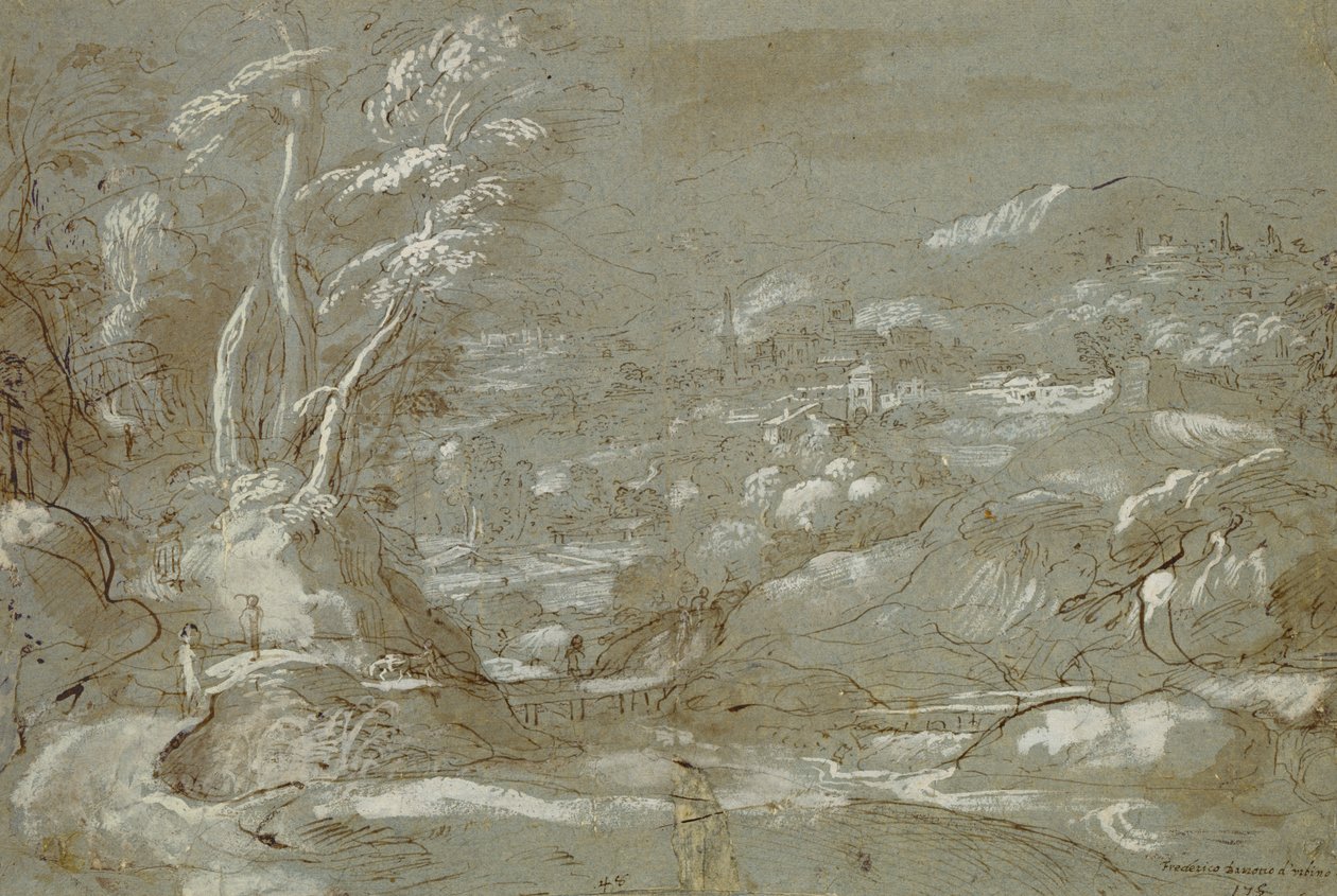 Manzara (beyaz vurgulu kağıt üzerinde kalem ve mürekkep) by Federico Fiori Barocci or Baroccio