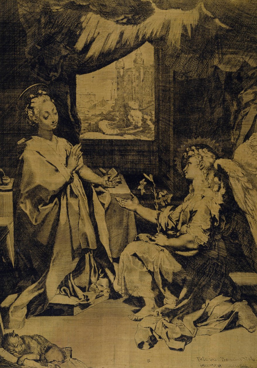 Müjde (sarı ipek tafta üzerine gravür, gravür ve kuru nokta) by Federico Fiori Barocci or Baroccio