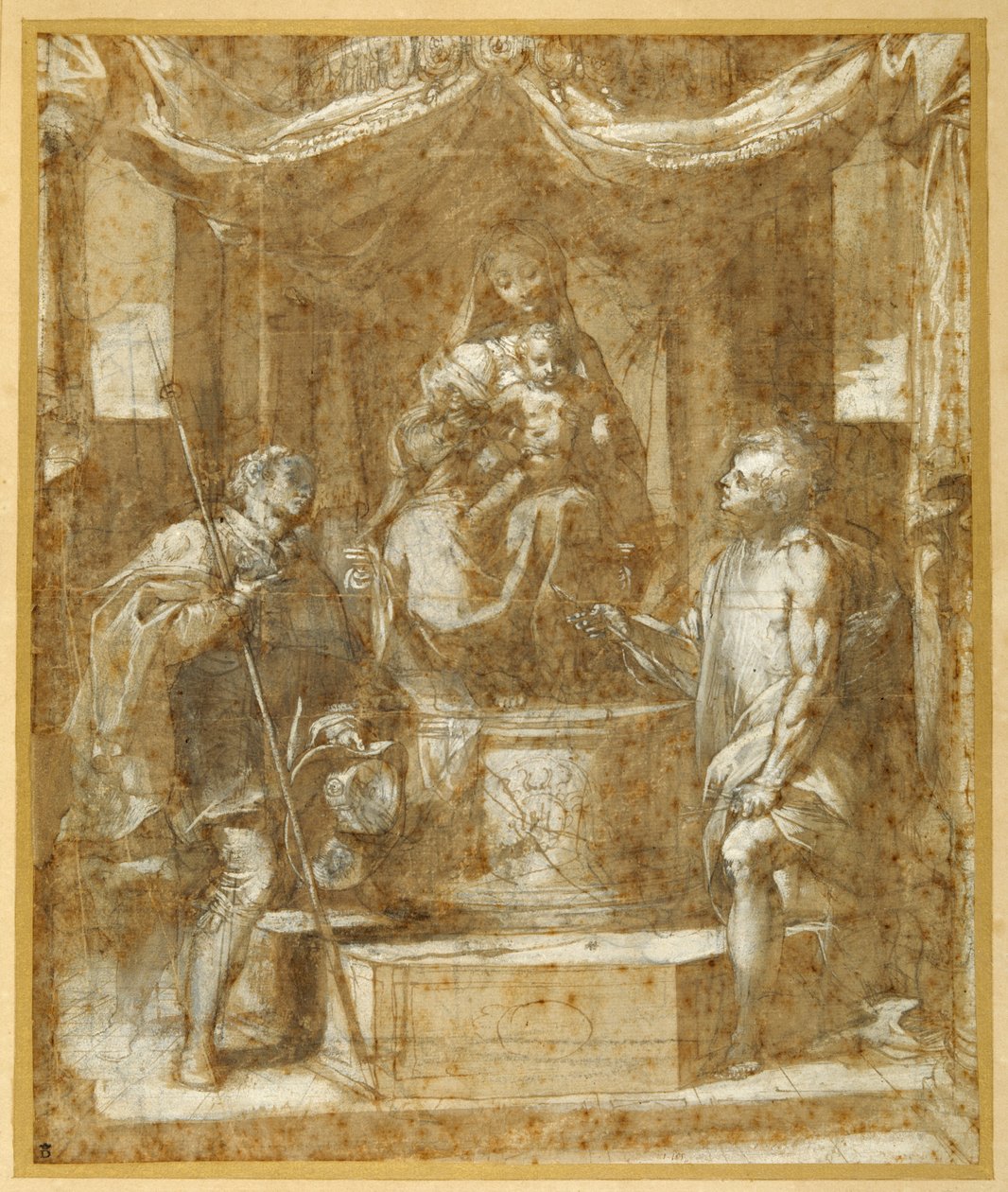 Bakire ve Çocuk, bir gölgelik altında, Sts Roch ve Sebastian ile (kahverengi yıkama ve kabartmalı kalem ve kahverengi mürekkep) by Federico Fiori Barocci or Baroccio