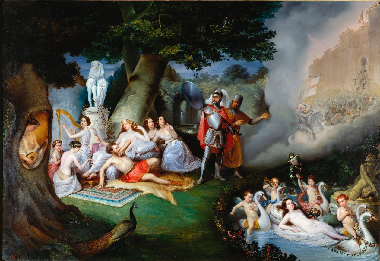 Armide bahçesinde Renaud Torquato Tasso (Kupa olarak da bilinir) tarafından “Kudüs delivree” (La gerusalemme liberata) sahnesinin İllüstrasyon. Çok sembolik Amours ile çevrili büyüleyici Armide, şövalye sihirli aynasının yardımıyla baştan çıkarıcı by Federico Peschiera