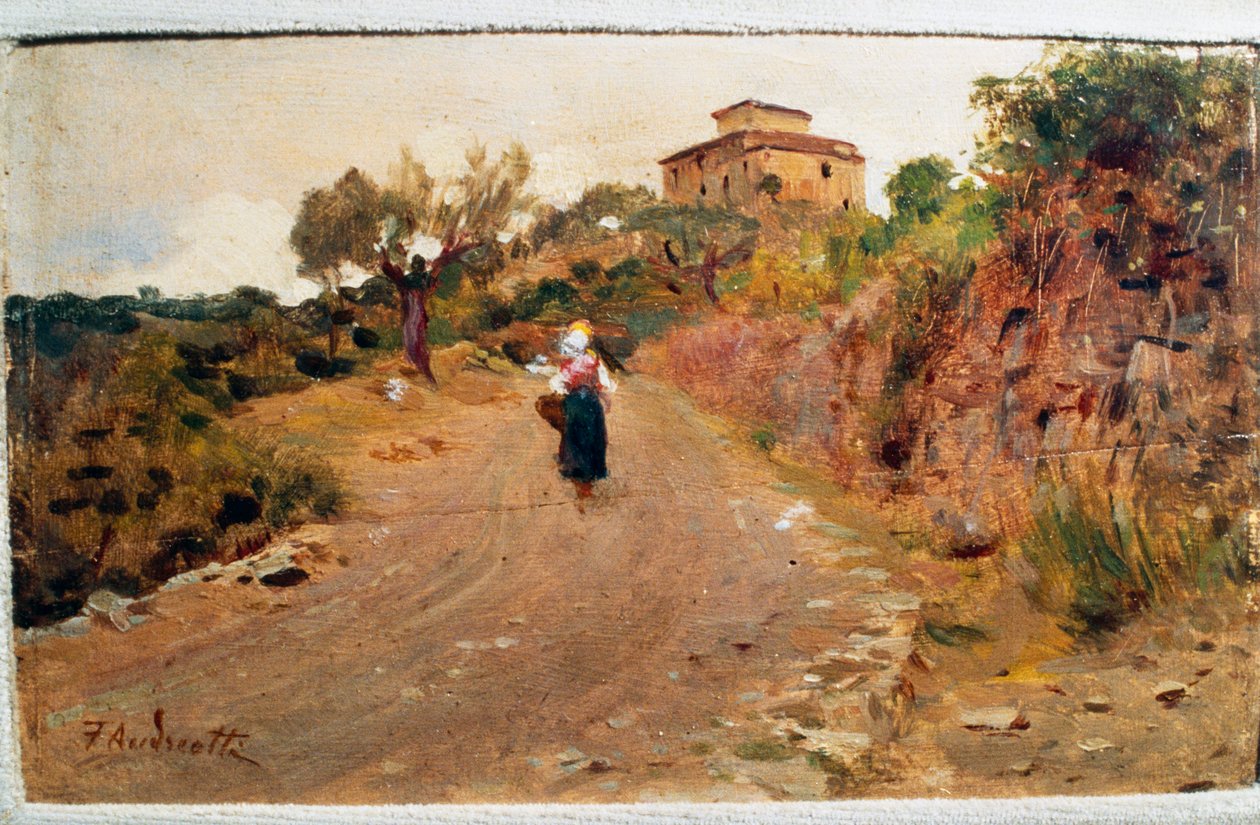 Sokaktaki çiftçi, yaklaşık 1900, yazan Federico Andreotti (1847-1930), gemide yağ, 9x15 cm, İtalya by Federigo Andreotti