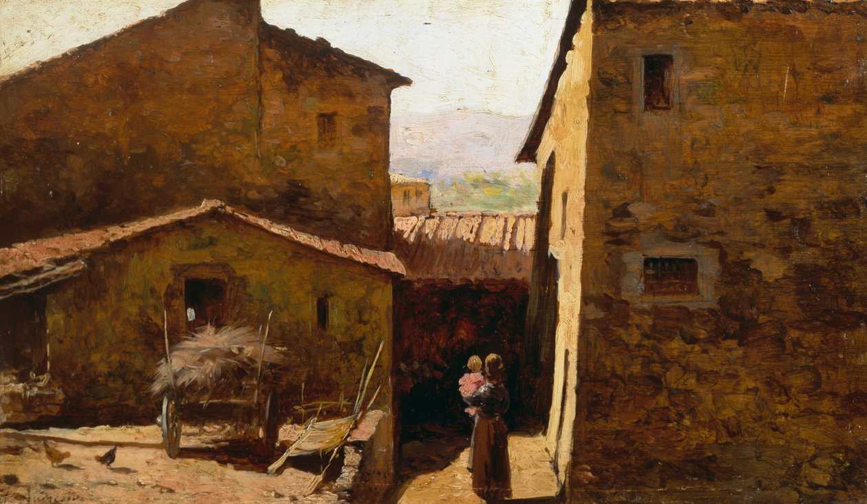 Rustik Toskana çiftlik evleri, Federico Andreotti (1847-1930), panel üzerine yağlı boya by Federigo Andreotti