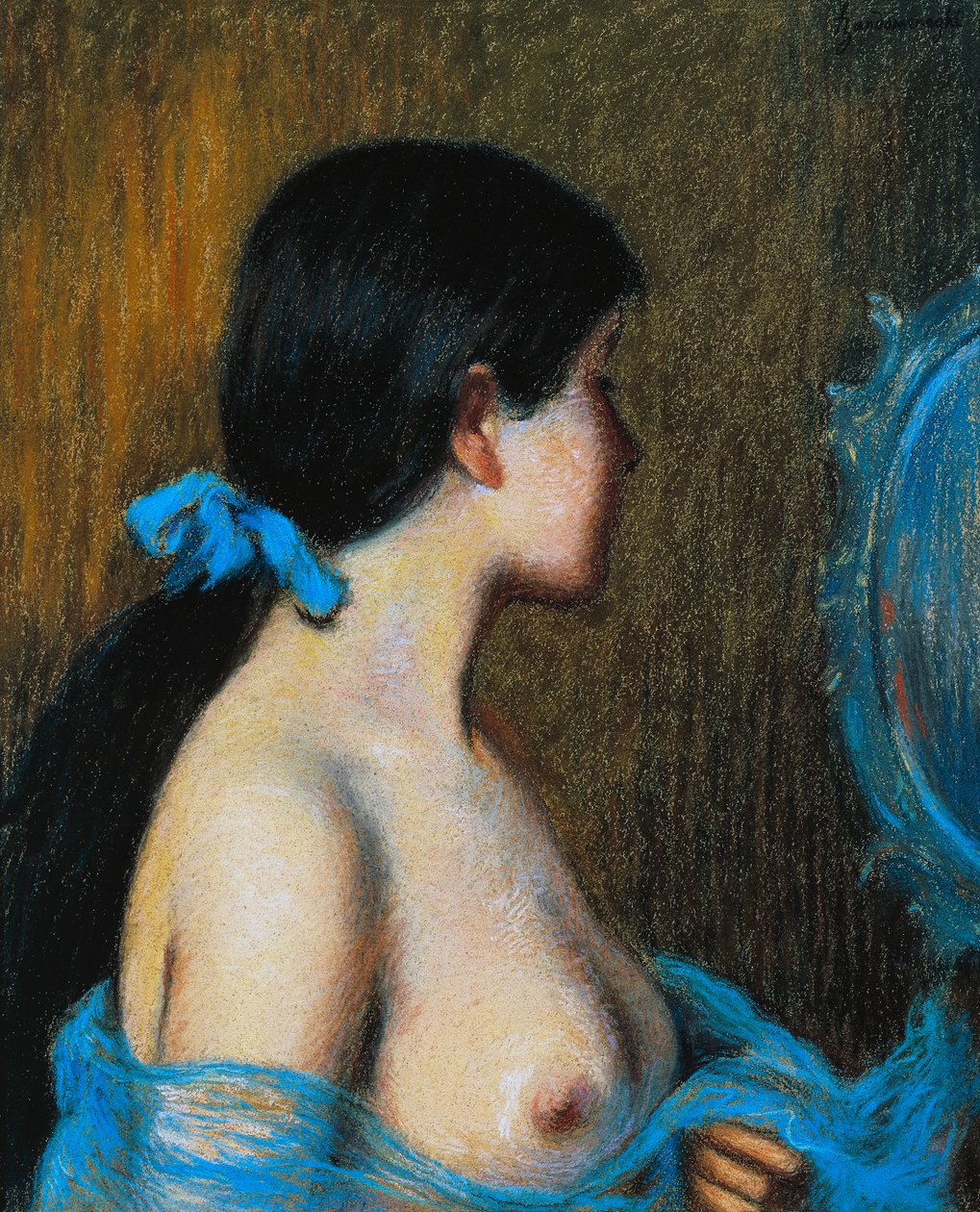 Aynadaki genç kadın, Federico Zandomeneghi (1841-1917), tuval üzerine monte edilmiş kağıt üzerine pastel, 46x38 cm by Federigo Zandomeneghi
