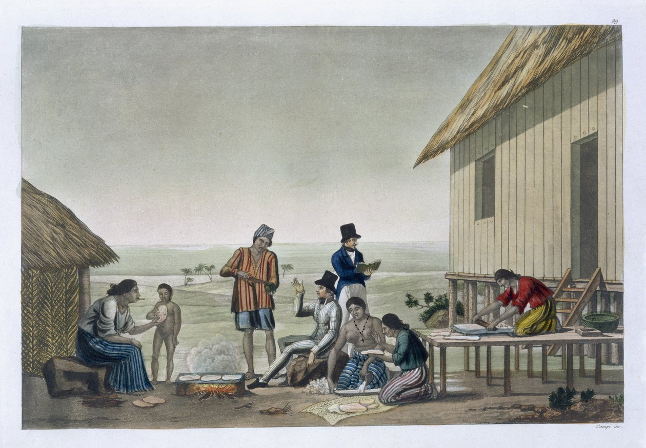 Agagna halkının meslekleri, Mariana Adaları, Jules Ferrario'nun 'Le Costume Ancien et Moderne'den 29 numaralı levha, 1820'ler-30'lar arasında yayınlandı by Felice Campi