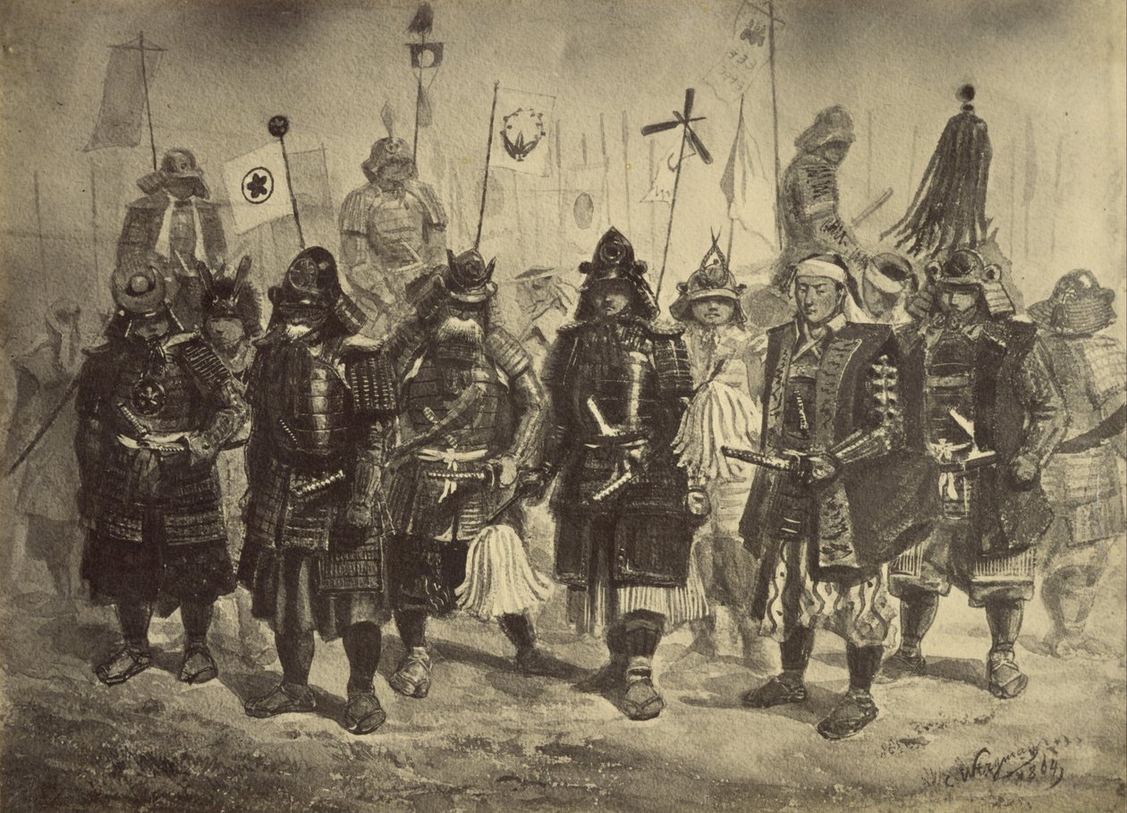 Charles Wirgman tarafından Japon Savaşçıların Çiziminin Fotoğrafik Kopyası by Felice Beato
