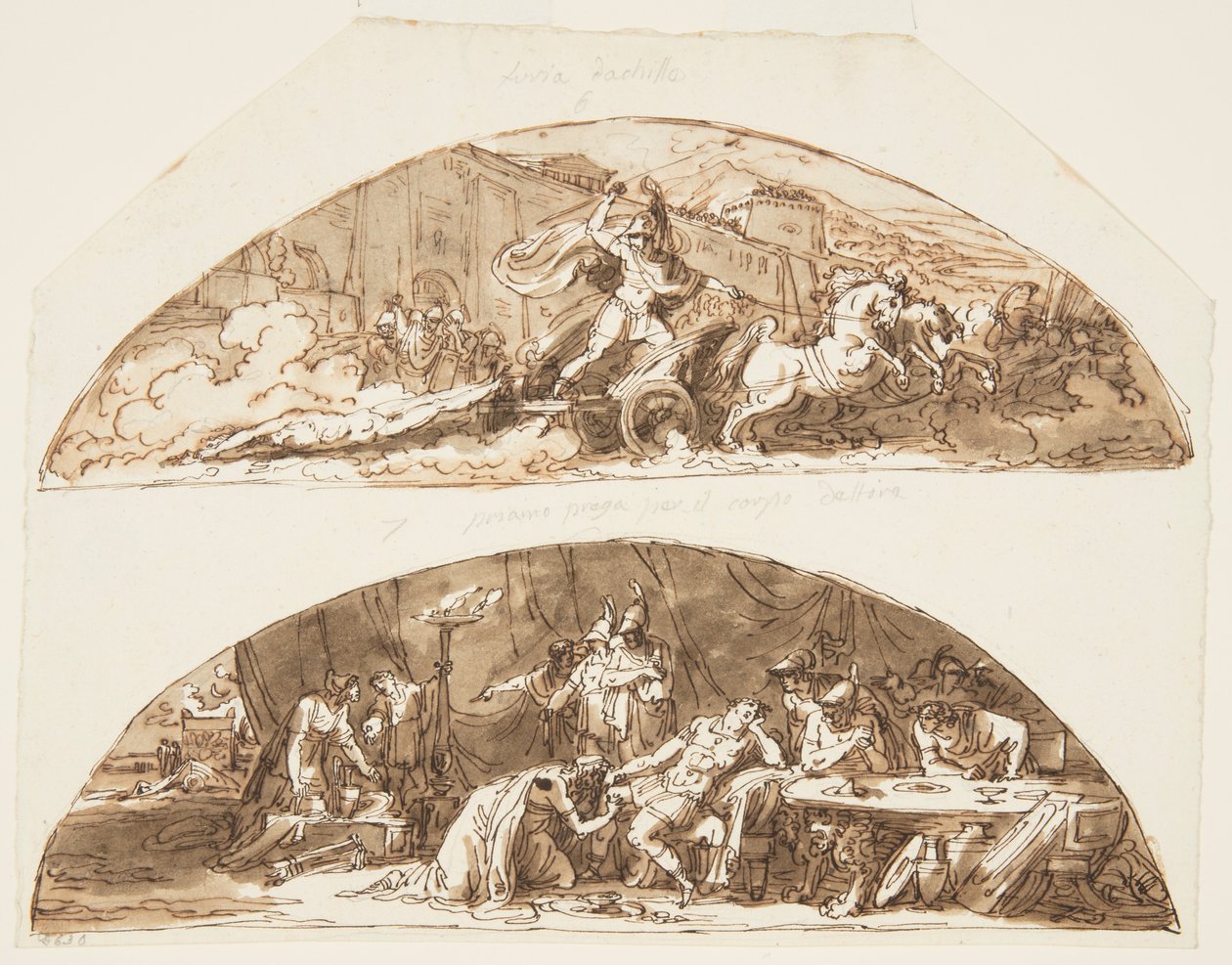 Aşil, Hektor'un Bedenini Truva Surları Etrafında Sürükler, Priam Hektor'un Bedeni İçin Yalvarır, Galleria di Achille için Tavan Tasarımları, Palazzo Milzetti, Faenza, İtalya by Felice Giani