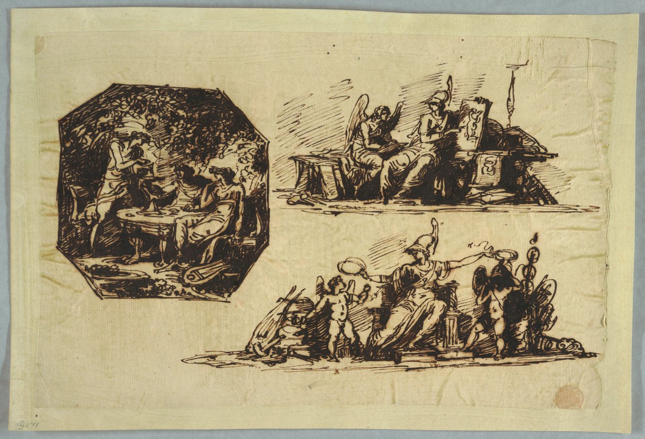 Bacchus, Apollo ve Mnemosine; Kupalarla Minerva by Felice Giani